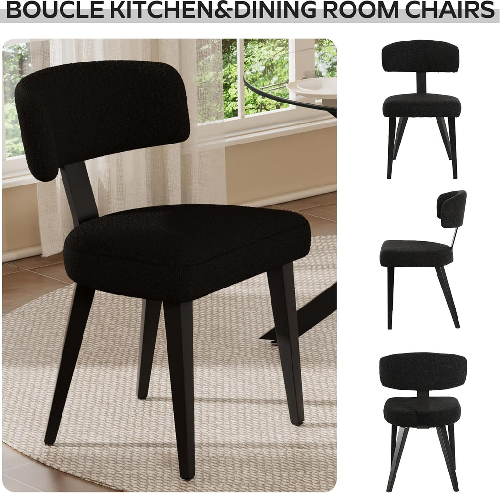 Luxury Modern Dining Set, 47" Glass Table with 4 Boucle Dining Chairs, Kitchen Table with Stable Metal Legs(All Black)