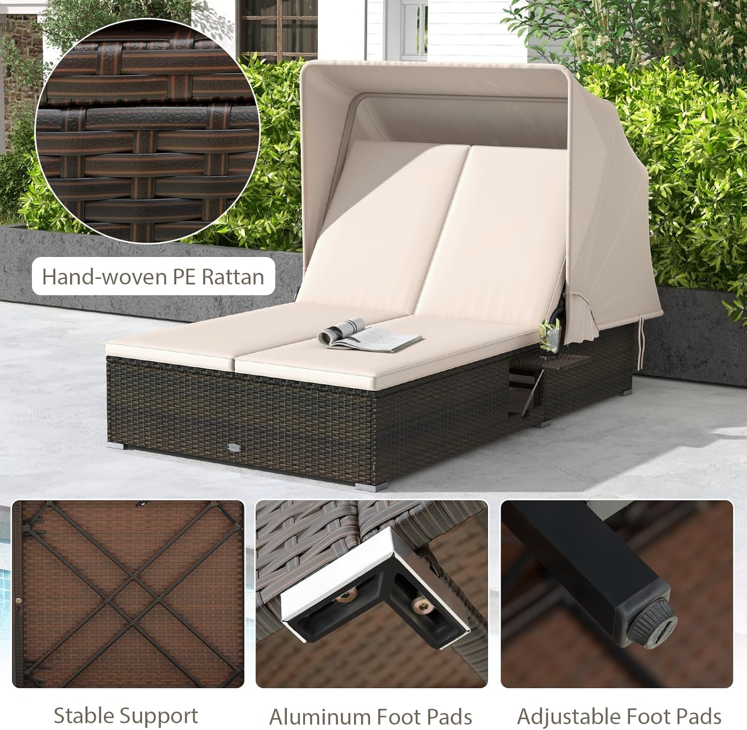 Outdoor Daybed with Canopy, PE Rattan Chaise Lounge with 6-Position Adjustable Backrests, Soft Cushions & Foldable Side Tables, 2-Person Lounge Bed for Outdoor, Backyard, Garden & Poolside