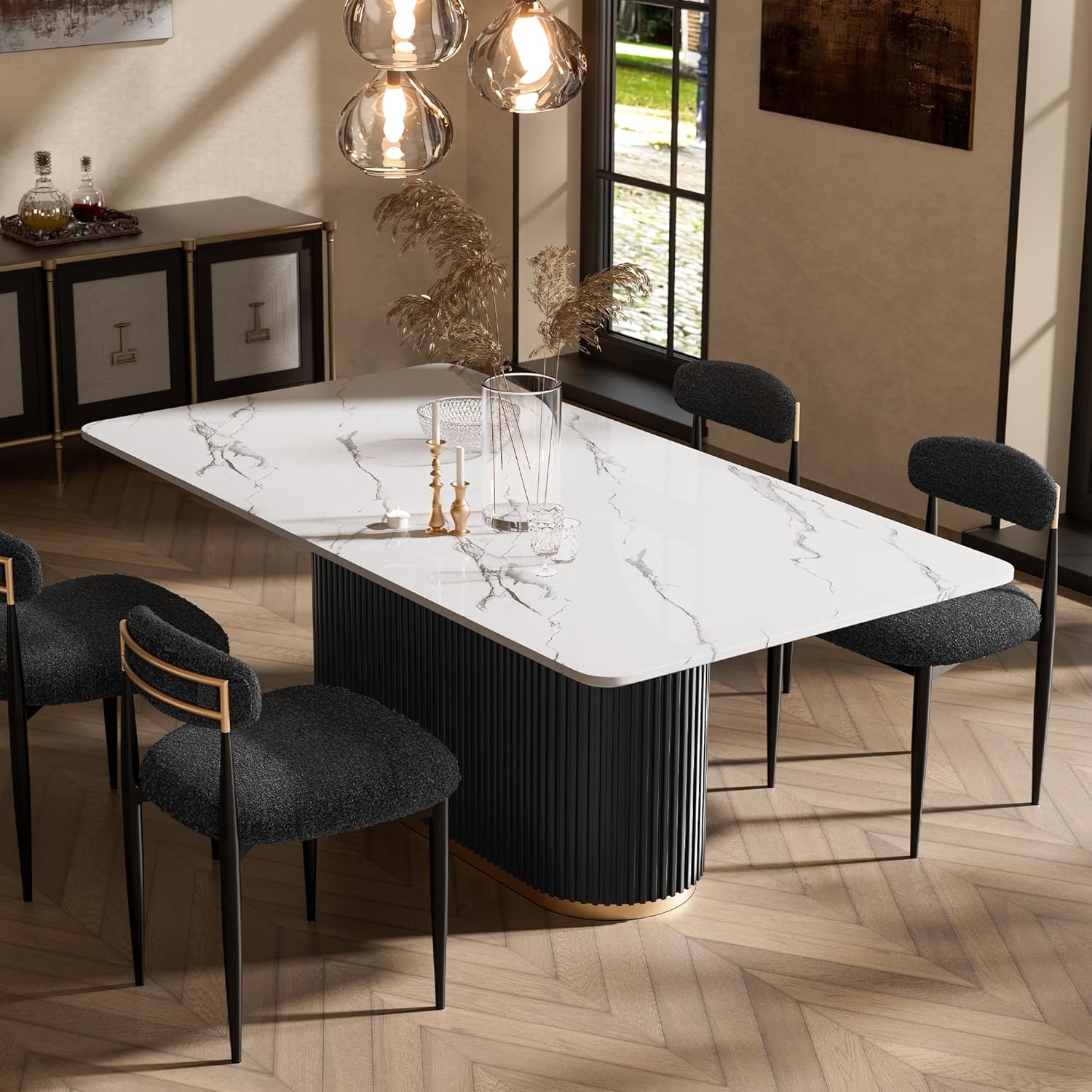Morden Fort Modern Dining Table for 6, 70" Faux Marble Dining Table with Black Fluted Base and White Rectangle Top for Ktichen, Reception and Conference