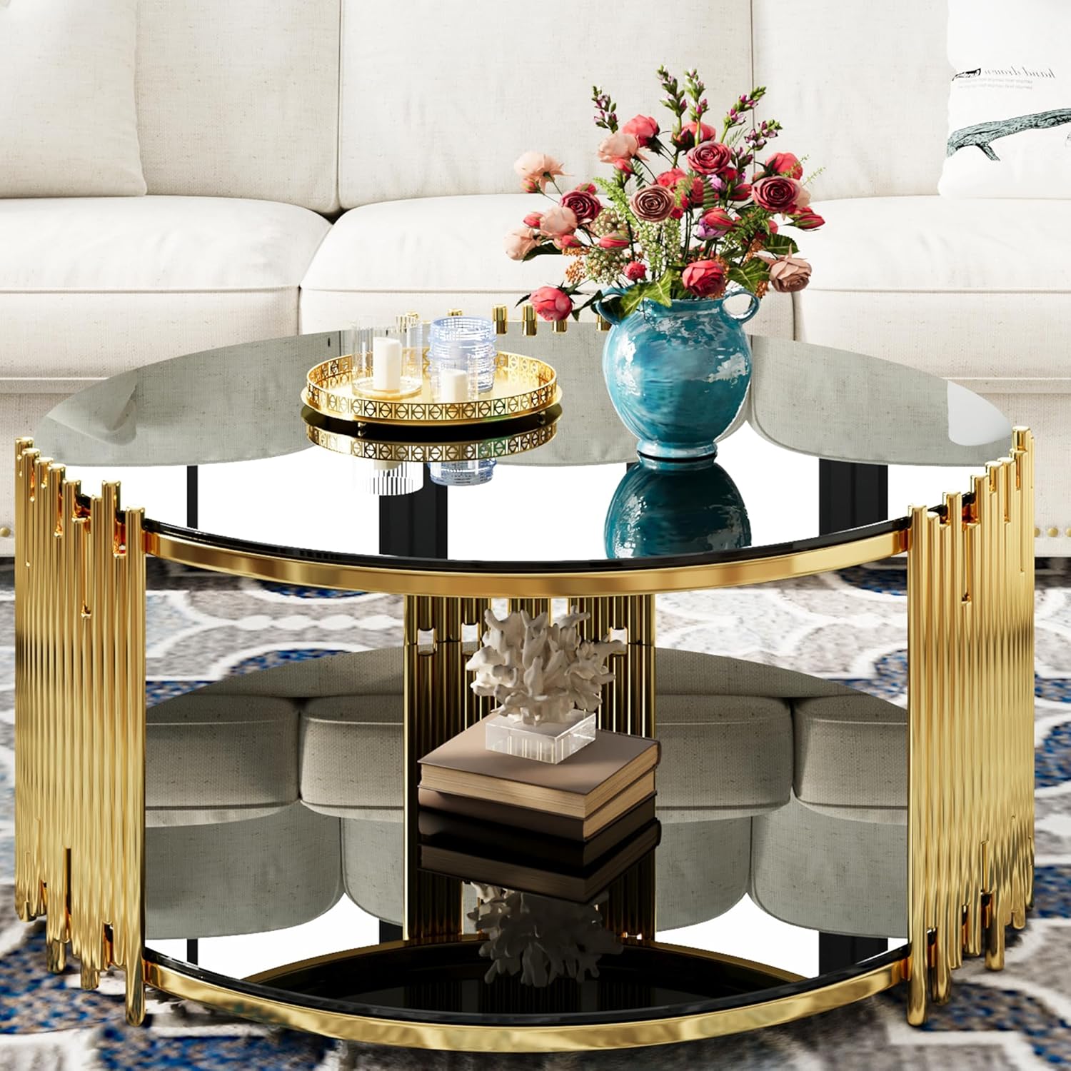 Modern Round Coffee Table, Luxury Black Gold Glass Coffee Table, 36" Center Table Living Room Table, Gold Stainless Steel Irregular Leg, Double-Layer Structure, Black Glass Desktop