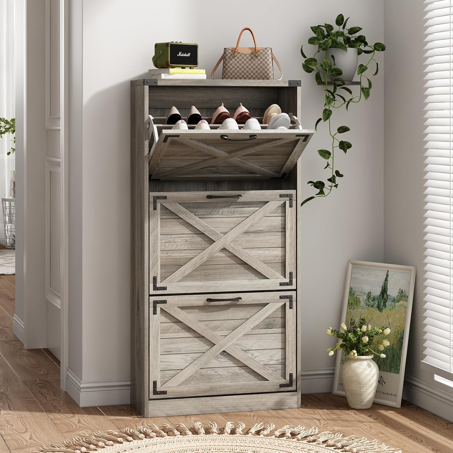 Maupvit 24" W Farmhouse Shoe Cabinet Storage for Entryway, Freestanding Organizer with 2 Flip Drawers, Narrow Shoe Rack Cabinet with Metal Corner Decoration, Washed Gray