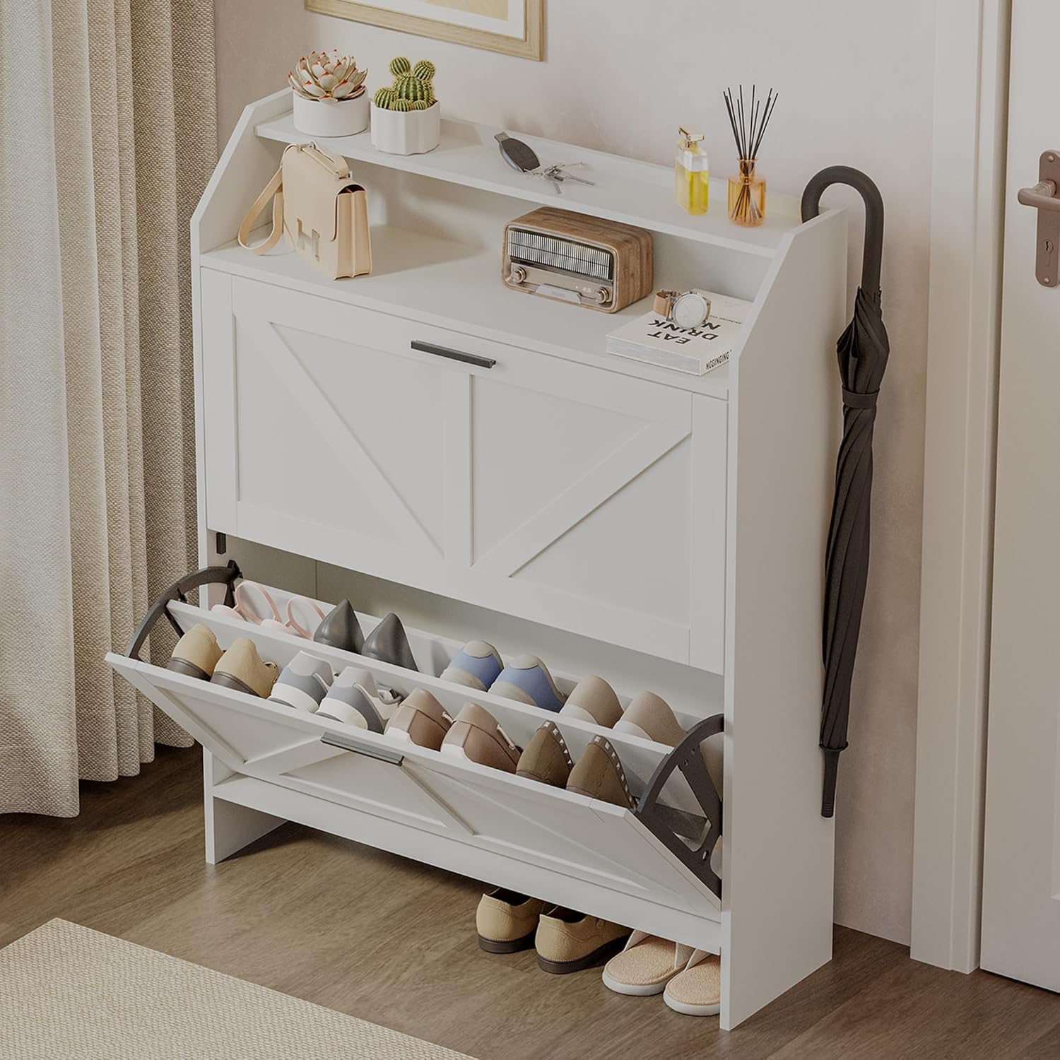 Mericonia Farmhouse Shoe Cabinet with Doors, Modern Large 5-Tier Shoe Storage Cabinet with Adjustable Shelves, Wooden Shoe Organizer for Entryway, Hallway, Closet, Bedroom, Living Room