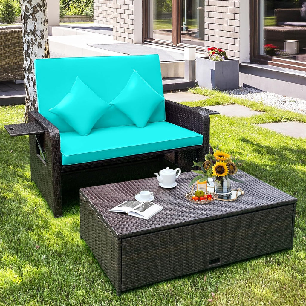 Tangkula Patio Rattan Daybed with 4-Level Adjustable Backrest, Outdoor PE Wicker Loveseat with Storage Ottoman & Folding Side Tray, Double Sunbed Lounger for Balcony, Backyard & Poolside, Turquoise