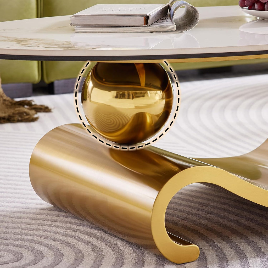 49.2-Inch Modern Oval Faux Marble Coffee Table with Sturdy Gold Metal Base - Luxury Living Room Furniture for Home Decor | Scratch-Resistant & Easy Assembly (Gold)
