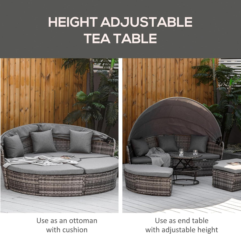 Outsunny 4 Piece Round Rattan Daybed, Convertible Patio Furniture Set, Adjustable Sun Canopy, Sectional Outdoor Sofa, 2 Chairs, Extending Tea Table Ottoman Chair, 3 Pillows, Gray