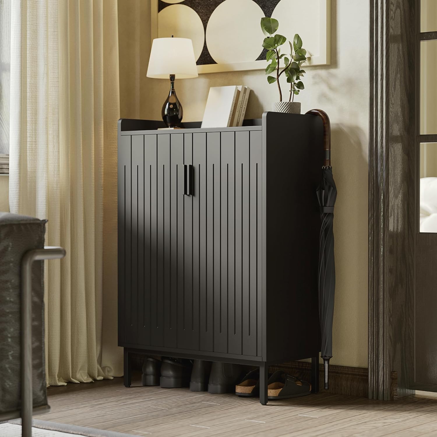 Mericonia Farmhouse Shoe Cabinet with Doors, Modern Large 5-Tier Shoe Storage Cabinet with Adjustable Shelves, Wooden Shoe Organizer for Entryway, Hallway, Closet, Bedroom, Living Room