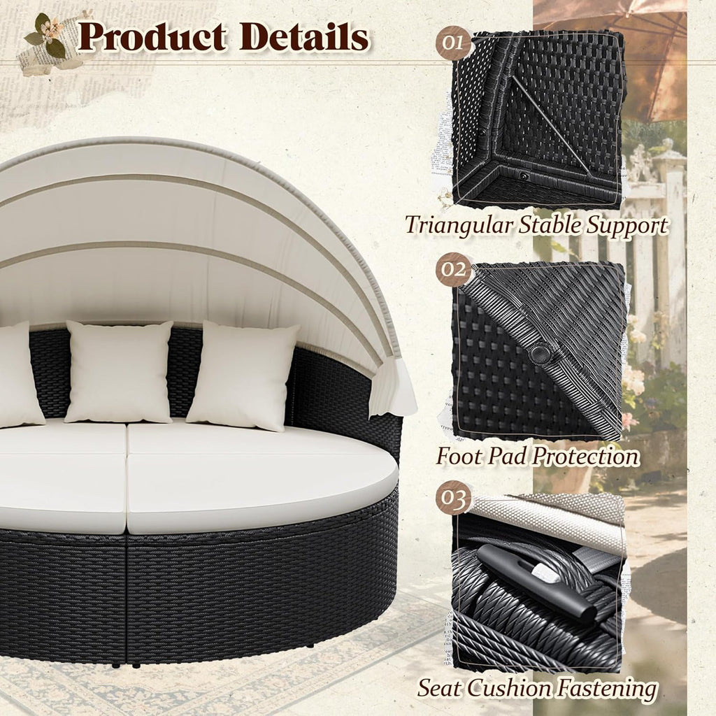 Devoko Patio Furniture Outdoor Round Daybed with Retractable Canopy Wicker Rattan Separated Seating Sectional Sofa for Patio Lawn Garden Backyard Porch