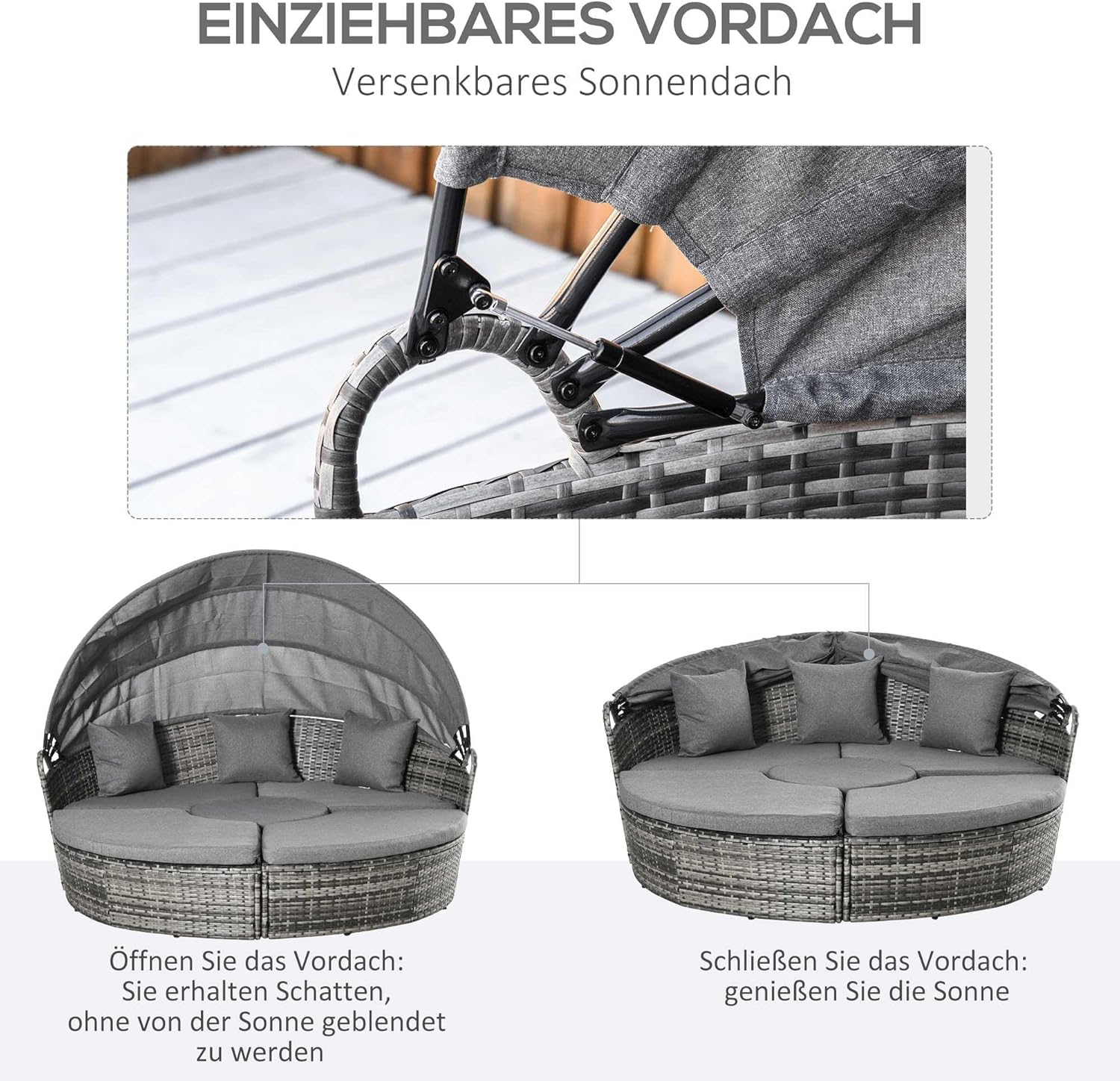 Outsunny 4 Piece Round Rattan Daybed, Convertible Patio Furniture Set, Adjustable Sun Canopy, Sectional Outdoor Sofa, 2 Chairs, Extending Tea Table Ottoman Chair, 3 Pillows, Gray