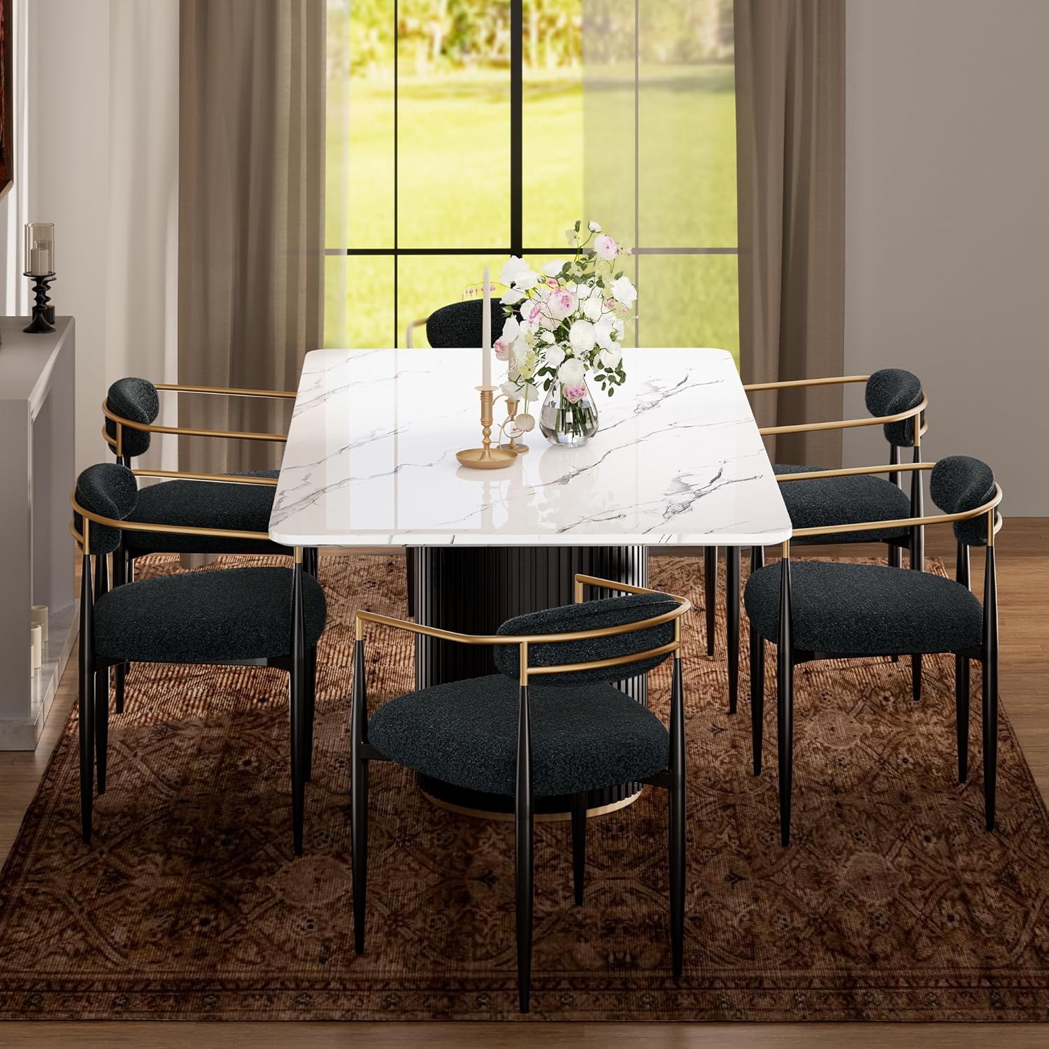 Morden Fort Modern Dining Table for 6, 70" Faux Marble Dining Table with Black Fluted Base and White Rectangle Top for Ktichen, Reception and Conference