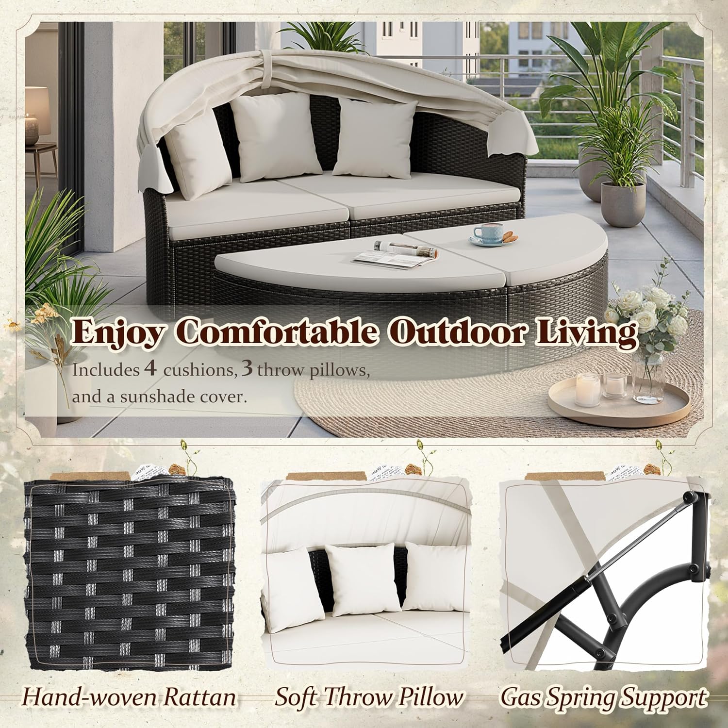 Devoko Patio Furniture Outdoor Round Daybed with Retractable Canopy Wicker Rattan Separated Seating Sectional Sofa for Patio Lawn Garden Backyard Porch