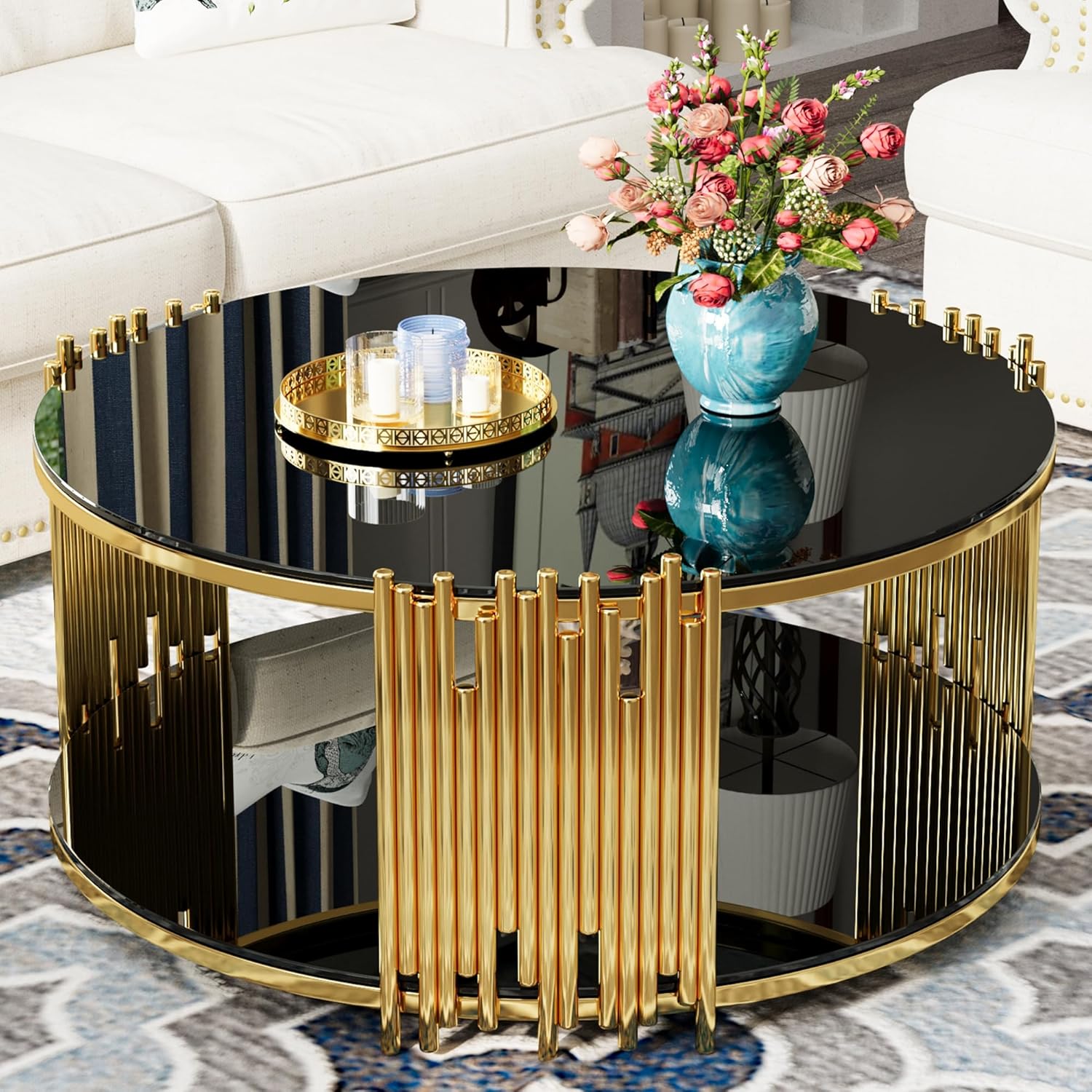 Modern Round Coffee Table, Luxury Black Gold Glass Coffee Table, 36" Center Table Living Room Table, Gold Stainless Steel Irregular Leg, Double-Layer Structure, Black Glass Desktop
