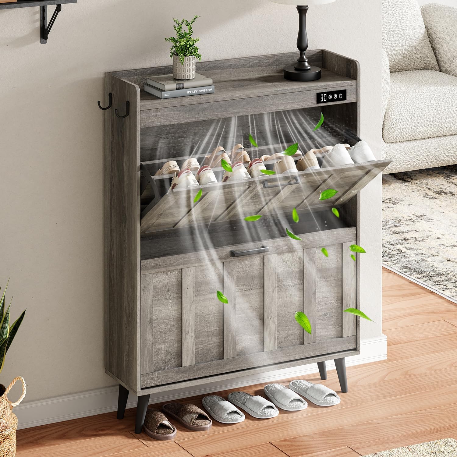 ChooChoo Shoe Storage Cabinet with 2 Flip Drawers, Deodorizing Shoe Organizer Storage for Entryway, Freestanding Hidden Slim Narrow Shoe Rack Cabinet, Walnut