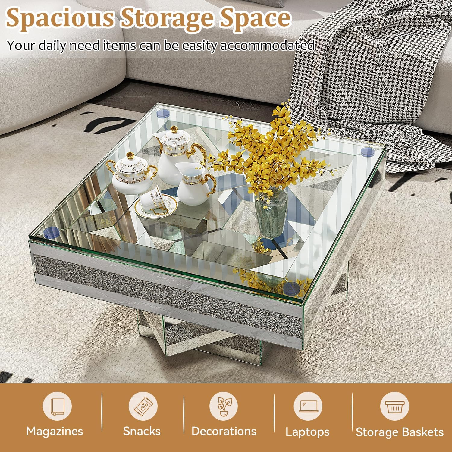 Silver Mirrored Coffee Table 31.5" Square Center Table with Sparkling Crystal Base Modern Luxury Mirrored Coffee Cocktail Tables with Diamond Glass Finish for Living Room Bedroom