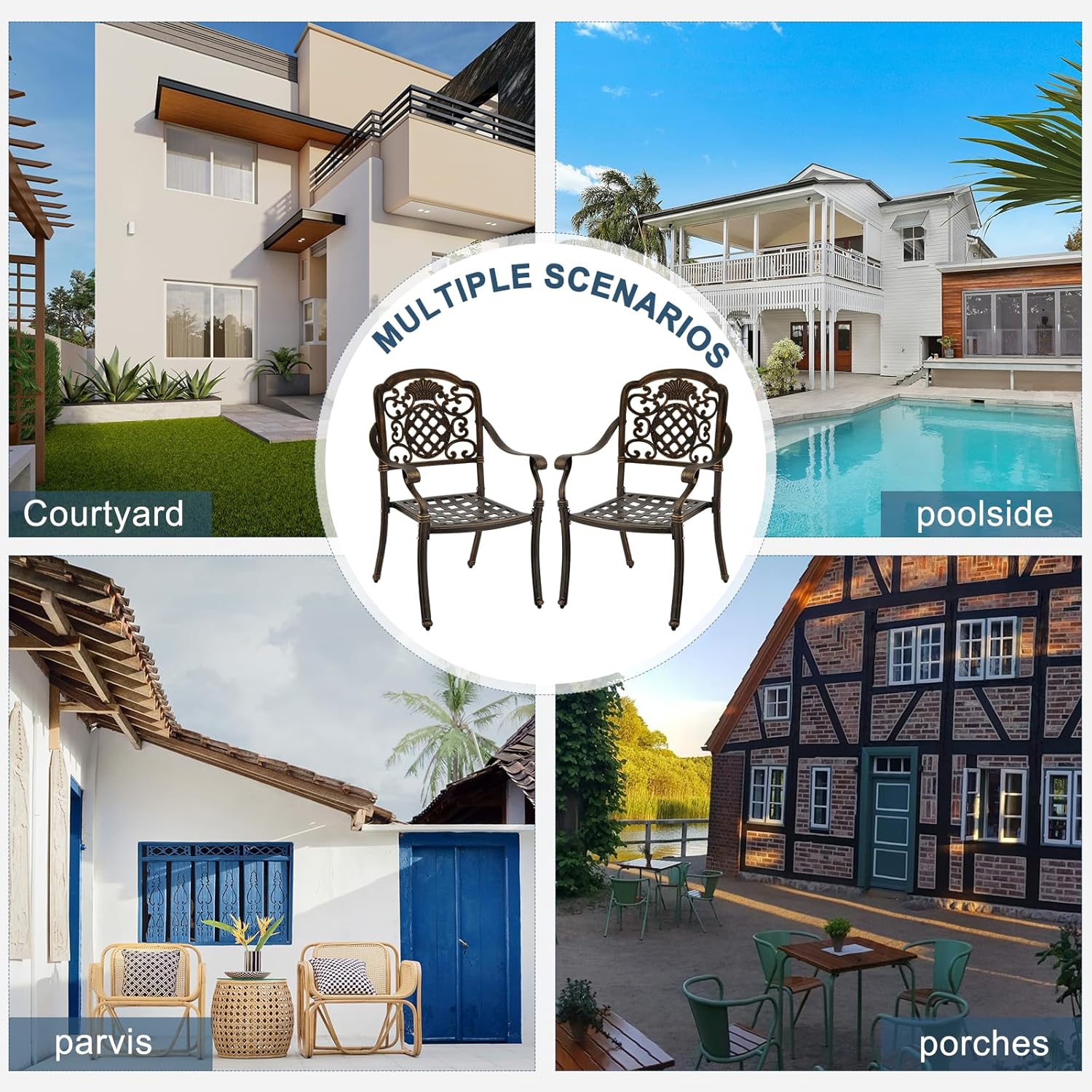 Set of 2 Cast Aluminum Patio Dining Chairs, Outdoor Bistro Stackable Chairs with Armrest, Patio Chair with Adjustable Feet, for Balcony, Backyard, Garden (Bronze, Without Cushion)