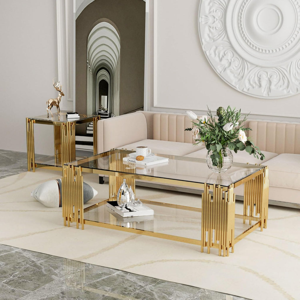 Glass Coffee Table Modern Luxury Living Room Table with Gold Stainless Steel Leg, 51" Rectangular Transparent Tempered Glass Top, for Home Office, Large