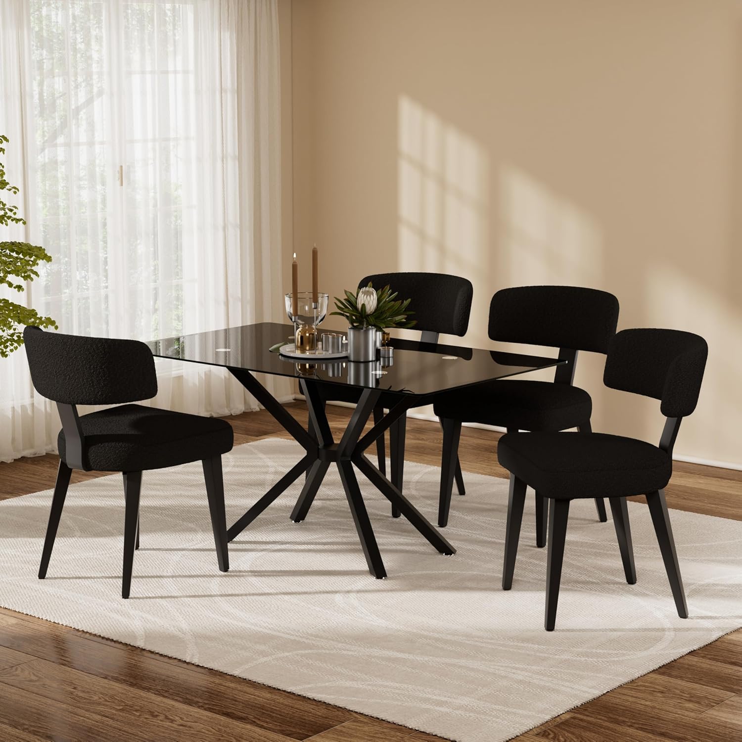 Luxury Modern Dining Set, 47" Glass Table with 4 Boucle Dining Chairs, Kitchen Table with Stable Metal Legs(All Black)