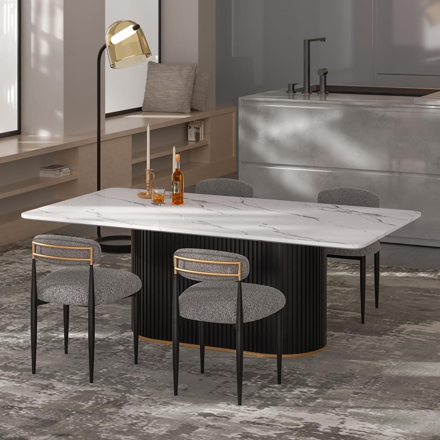 Morden Fort Modern Dining Table for 6, 70" Faux Marble Dining Table with Black Fluted Base and White Rectangle Top for Ktichen, Reception and Conference