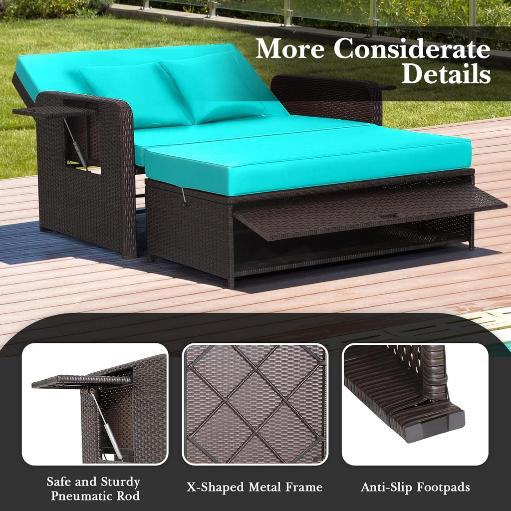 Tangkula Patio Rattan Daybed with 4-Level Adjustable Backrest, Outdoor PE Wicker Loveseat with Storage Ottoman & Folding Side Tray, Double Sunbed Lounger for Balcony, Backyard & Poolside, Turquoise