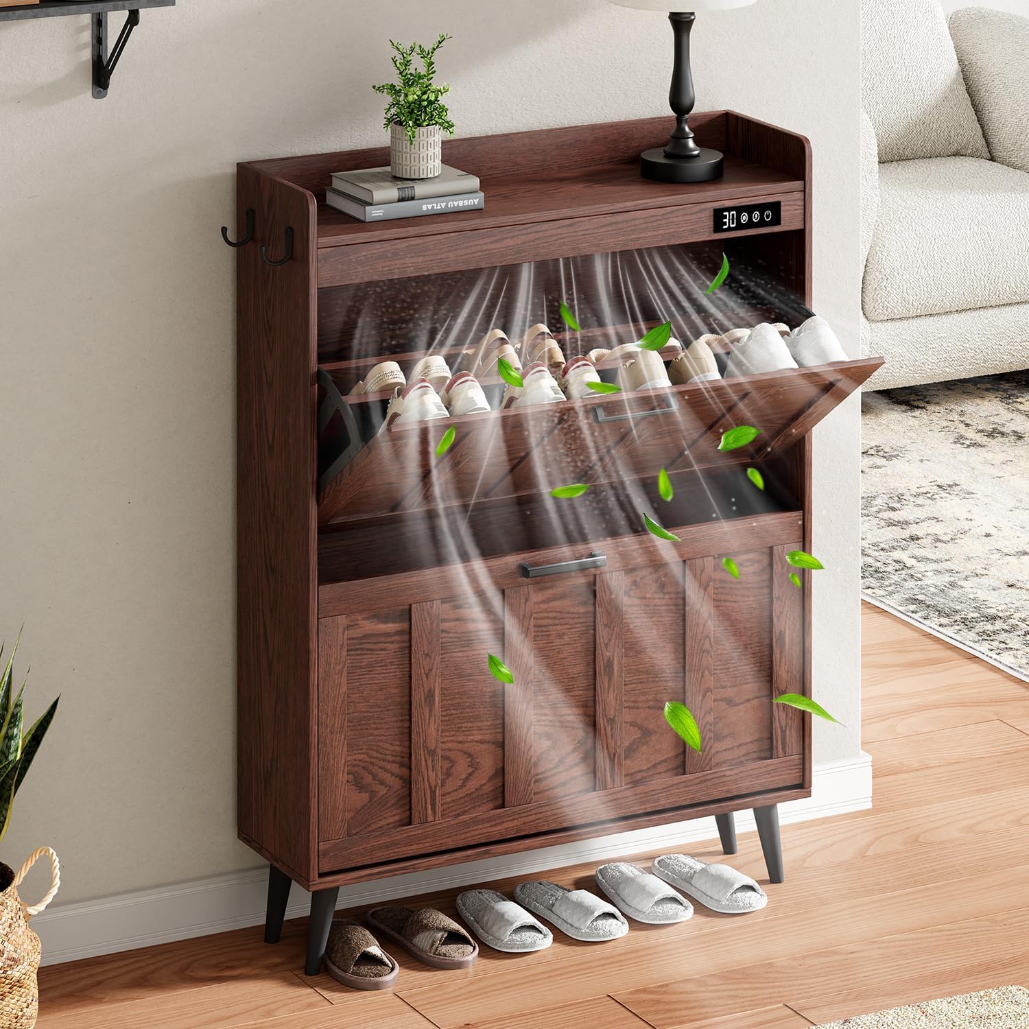 ChooChoo Shoe Storage Cabinet with 2 Flip Drawers, Deodorizing Shoe Organizer Storage for Entryway, Freestanding Hidden Slim Narrow Shoe Rack Cabinet, Walnut