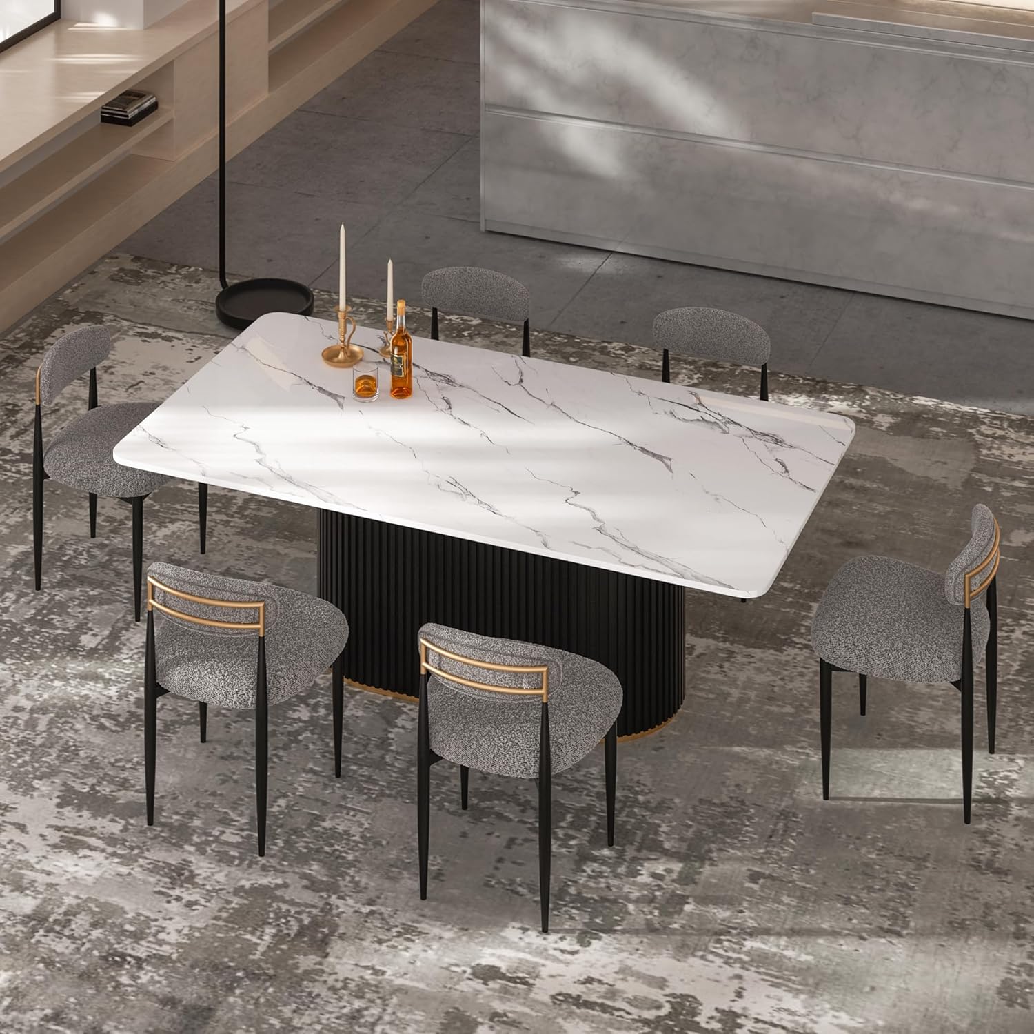 Morden Fort Modern Dining Table for 6, 70" Faux Marble Dining Table with Black Fluted Base and White Rectangle Top for Ktichen, Reception and Conference