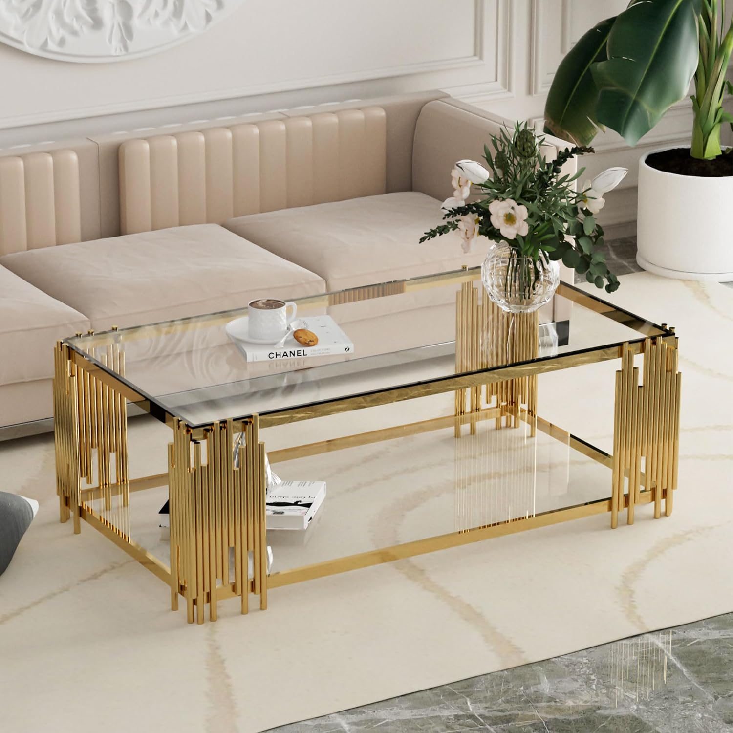 Glass Coffee Table Modern Luxury Living Room Table with Gold Stainless Steel Leg, 51" Rectangular Transparent Tempered Glass Top, for Home Office, Large