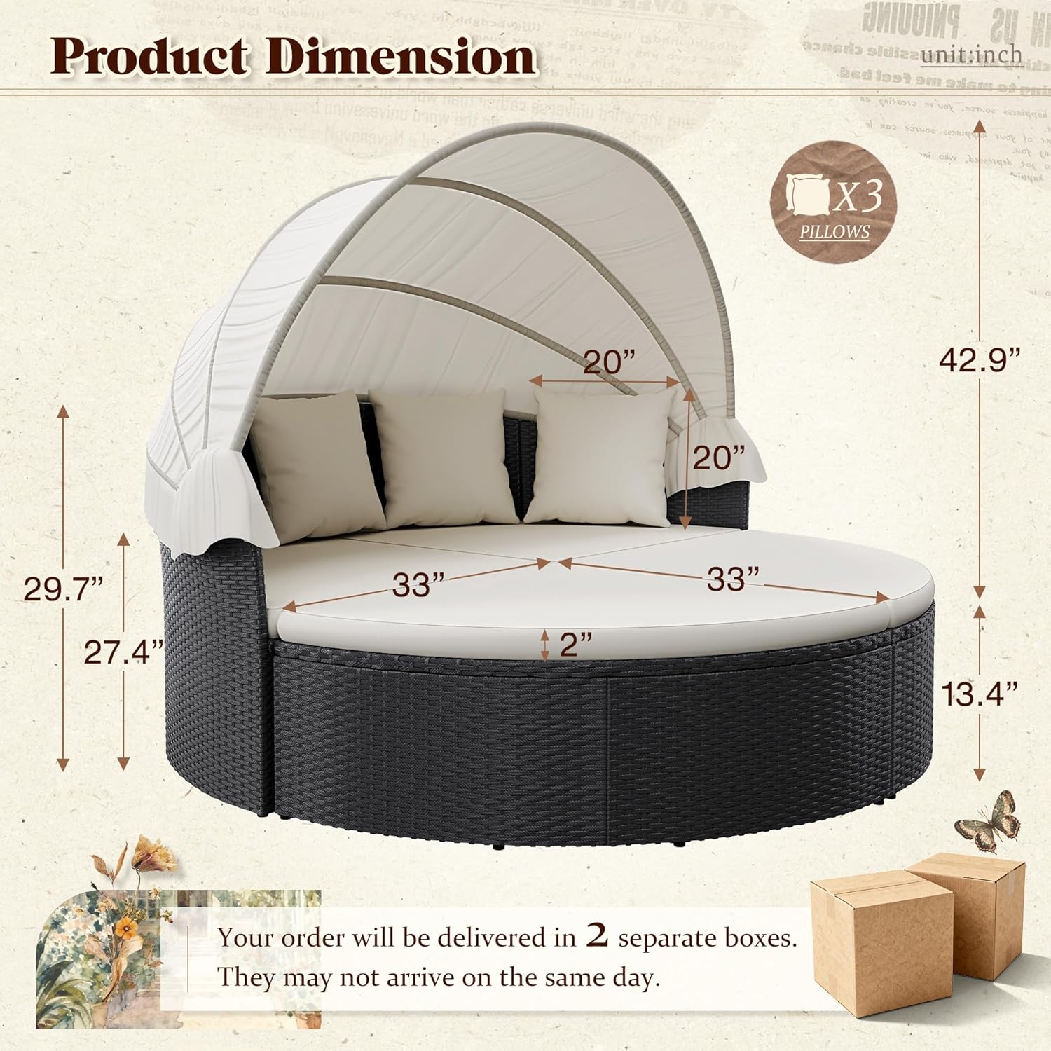 Devoko Patio Furniture Outdoor Round Daybed with Retractable Canopy Wicker Rattan Separated Seating Sectional Sofa for Patio Lawn Garden Backyard Porch