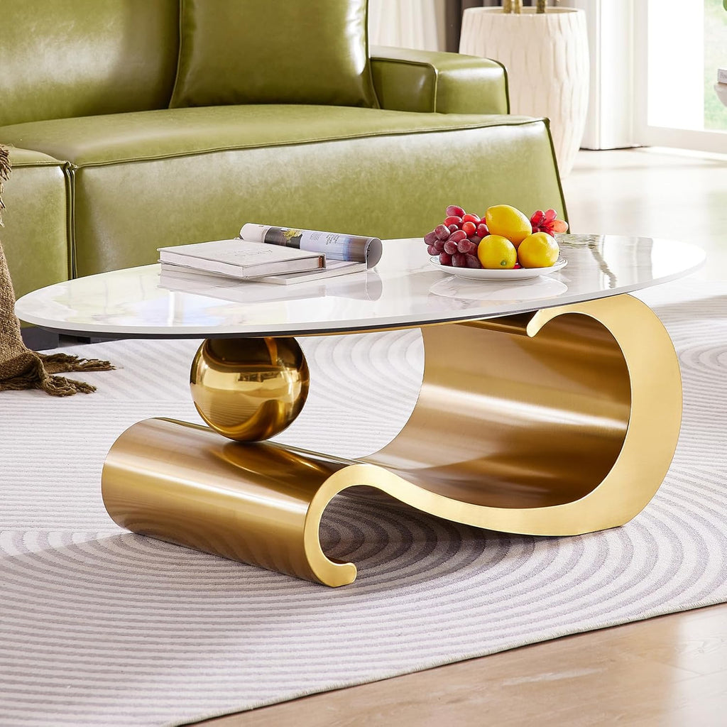 49.2-Inch Modern Oval Faux Marble Coffee Table with Sturdy Gold Metal Base - Luxury Living Room Furniture for Home Decor | Scratch-Resistant & Easy Assembly (Gold)