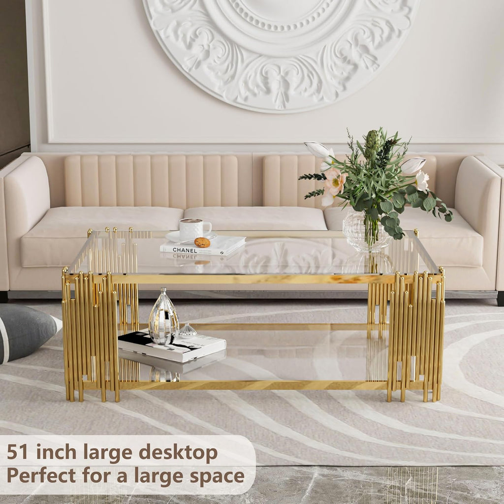 Glass Coffee Table Modern Luxury Living Room Table with Gold Stainless Steel Leg, 51" Rectangular Transparent Tempered Glass Top, for Home Office, Large
