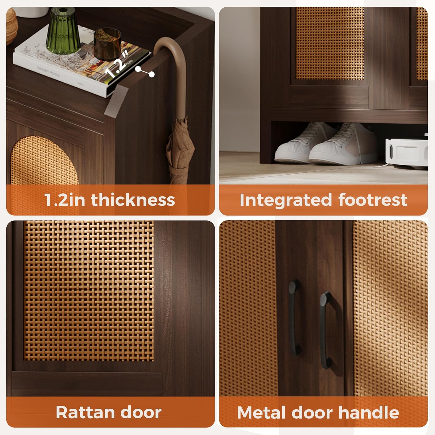 Mericonia Shoe Cabinet Storage for Entryway, Natural Rattan Storage Cabinet, Wooden Shoe Rack, Farmhouse Boho Wood Shoe Organizer Cabinet for Hallway Walnut