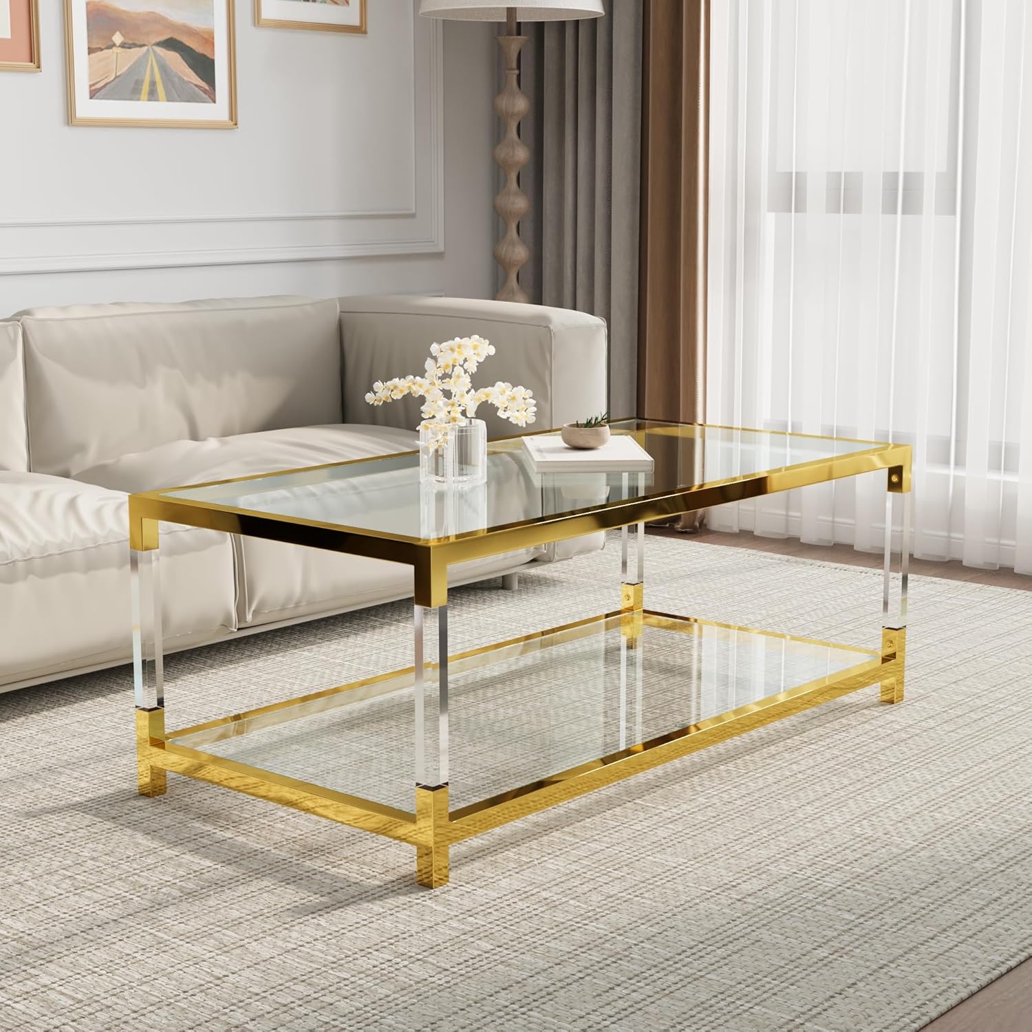 Modern Round Coffee Table, Luxury Black Gold Glass Coffee Table, 36" Center Table Living Room Table, Gold Stainless Steel Irregular Leg, Double-Layer Structure, Black Glass Desktop