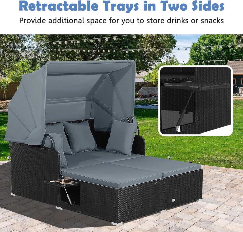 Salches Outdoor Rattan Daybed with Retractable Canopy, High-Resilient Soft Cushions, Foldable Side Trays, Outdoor Bed Loveseat for Garden, Backyard, Porch (Gray)