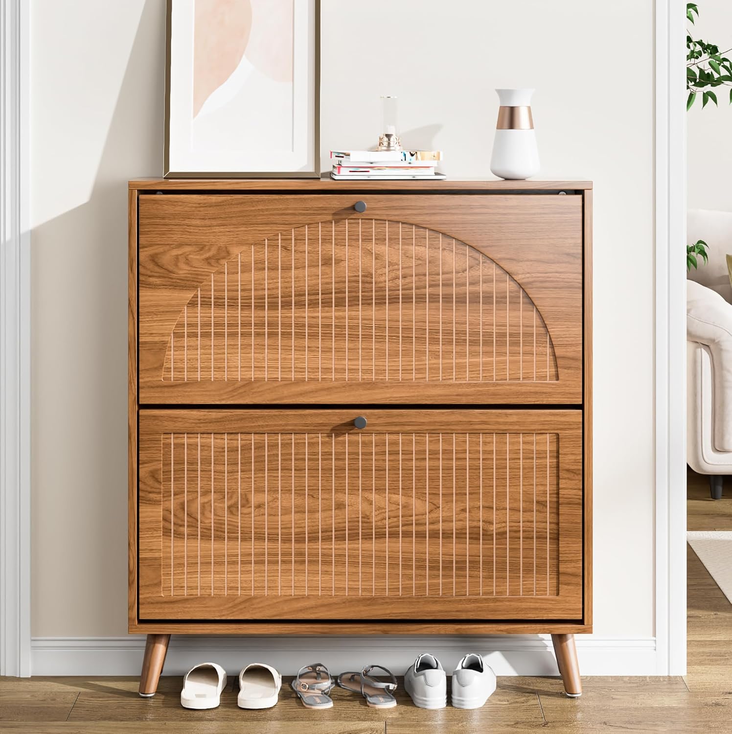Shoe Storage Cabinet for Entryway with 2 Flip Drawers, Narrow Wood Shoe Cabinet with Fluted Panel, Freestanding Hidden Shoe Organizer for Foyer, Hallway (Walnut)