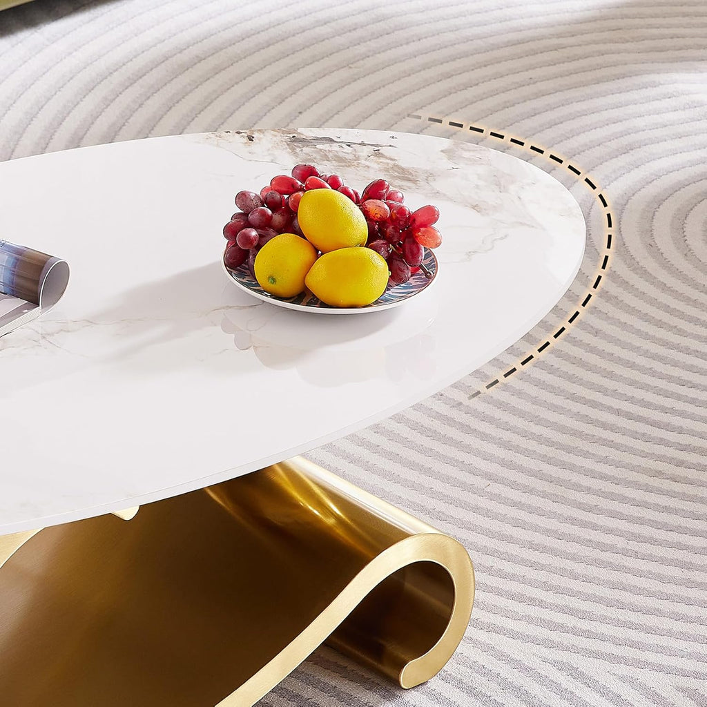 49.2-Inch Modern Oval Faux Marble Coffee Table with Sturdy Gold Metal Base - Luxury Living Room Furniture for Home Decor | Scratch-Resistant & Easy Assembly (Gold)