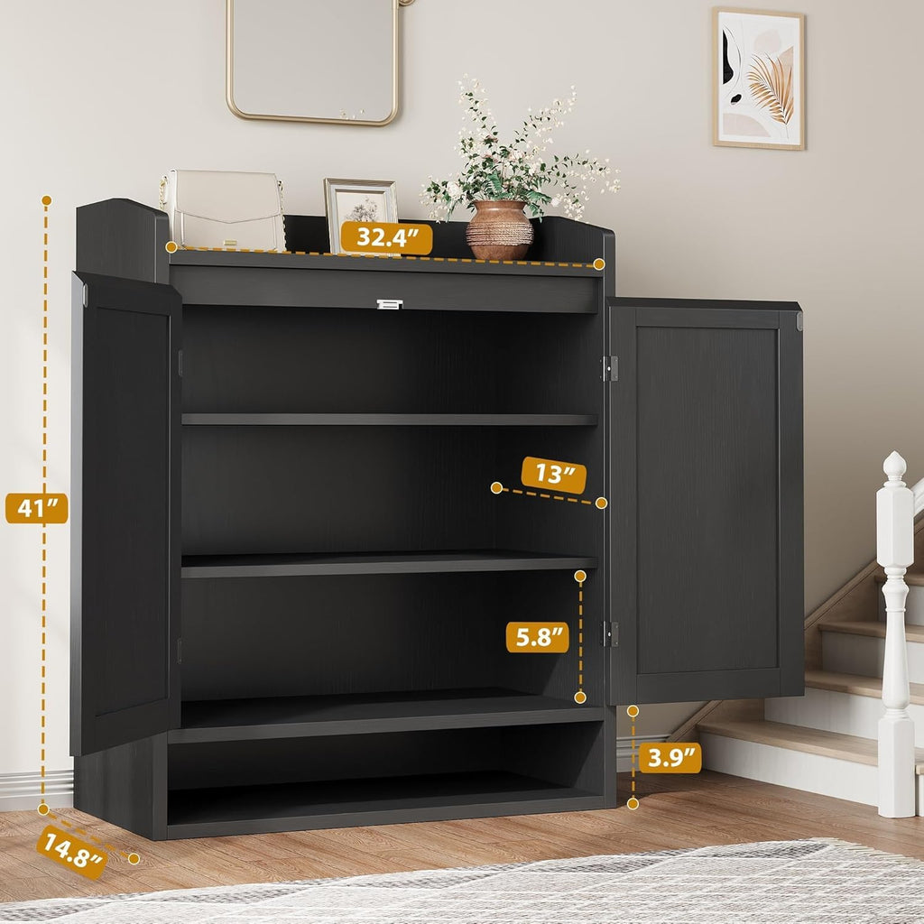 Garvee Rattan Shoe Cabinet, Boho Wooden Shoe Storage Organizer with Adjustable Shelves for Entryway, Hallway, Living Room, Closet, Black