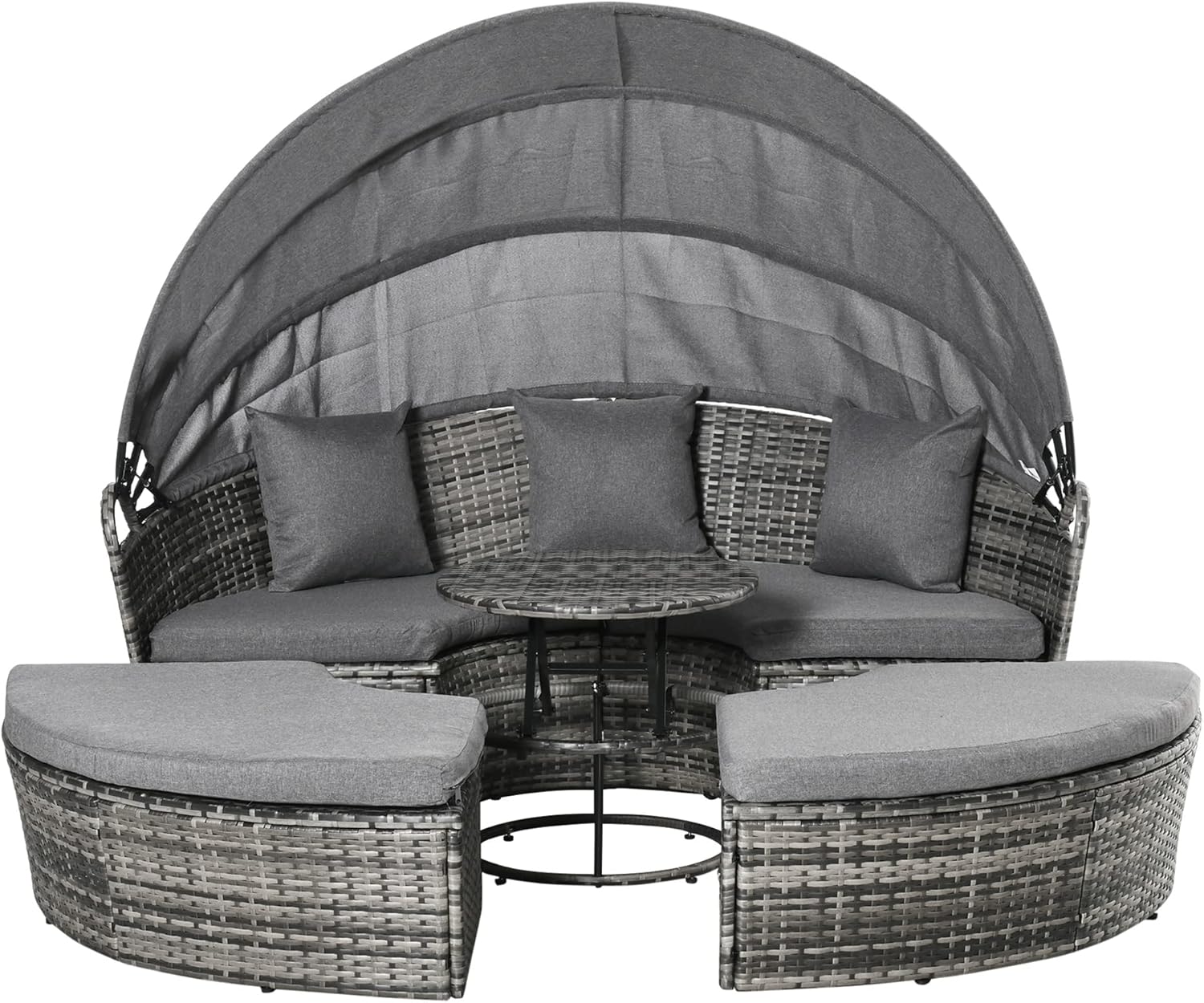 Outsunny 4 Piece Round Rattan Daybed, Convertible Patio Furniture Set, Adjustable Sun Canopy, Sectional Outdoor Sofa, 2 Chairs, Extending Tea Table Ottoman Chair, 3 Pillows, Gray