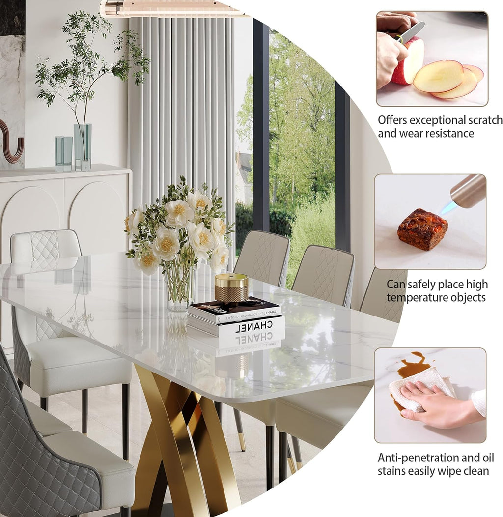 Marble Dining Table for 8-10 People, 79 inch Luxury Modern Dining Table with Marble Tabletop and Gold Metal Base, Modern Kitchen Table for Living Room Home (Table Only)