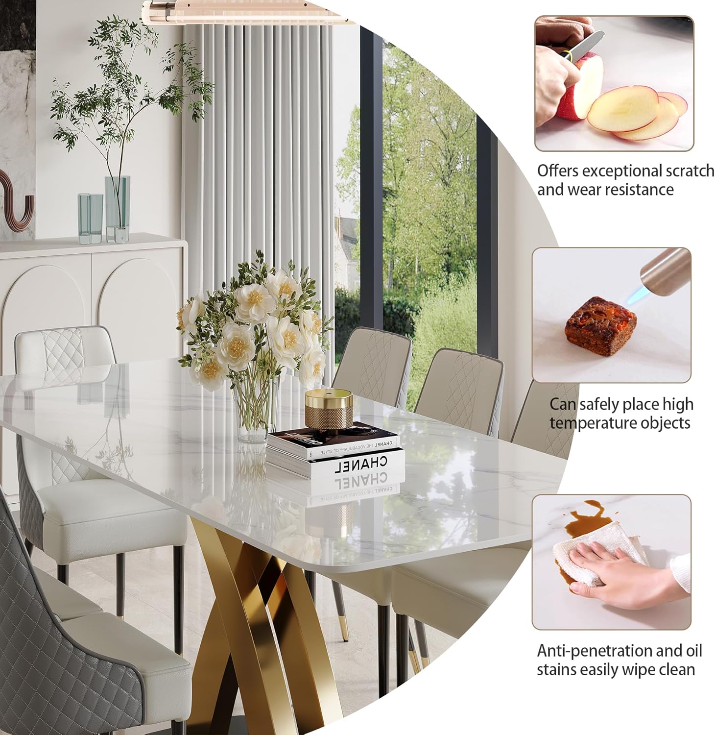 Marble Dining Table for 8-10 People, 79 inch Luxury Modern Dining Table with Marble Tabletop and Gold Metal Base, Modern Kitchen Table for Living Room Home (Table Only)