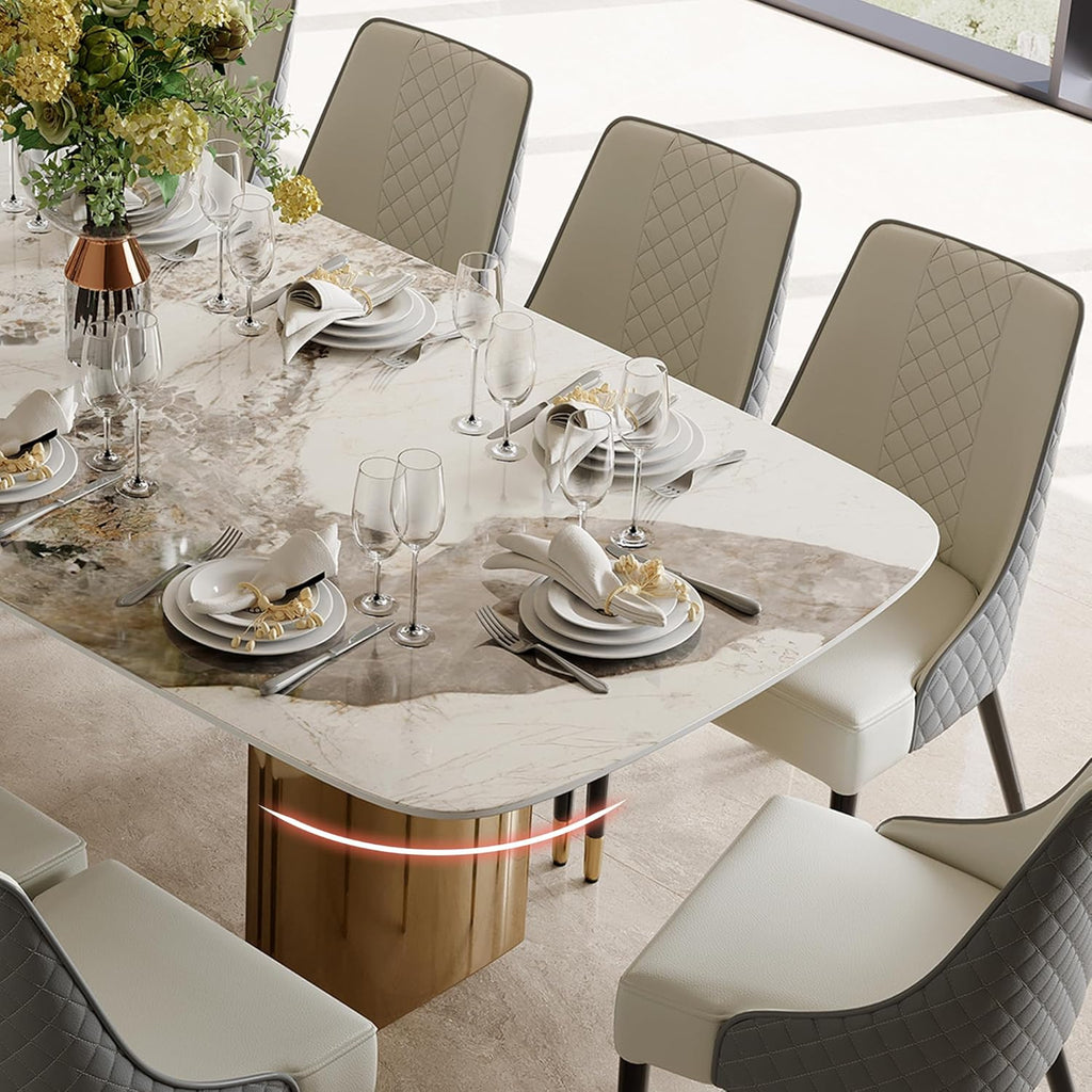 Rectangular Dining Table for 8-10 People, 79 inch Luxury Kitchen Table with Sintered Stone Tabletop and Gold Metal Base, Modern Dining Room Table for Kitchen Living Room (Table Only)