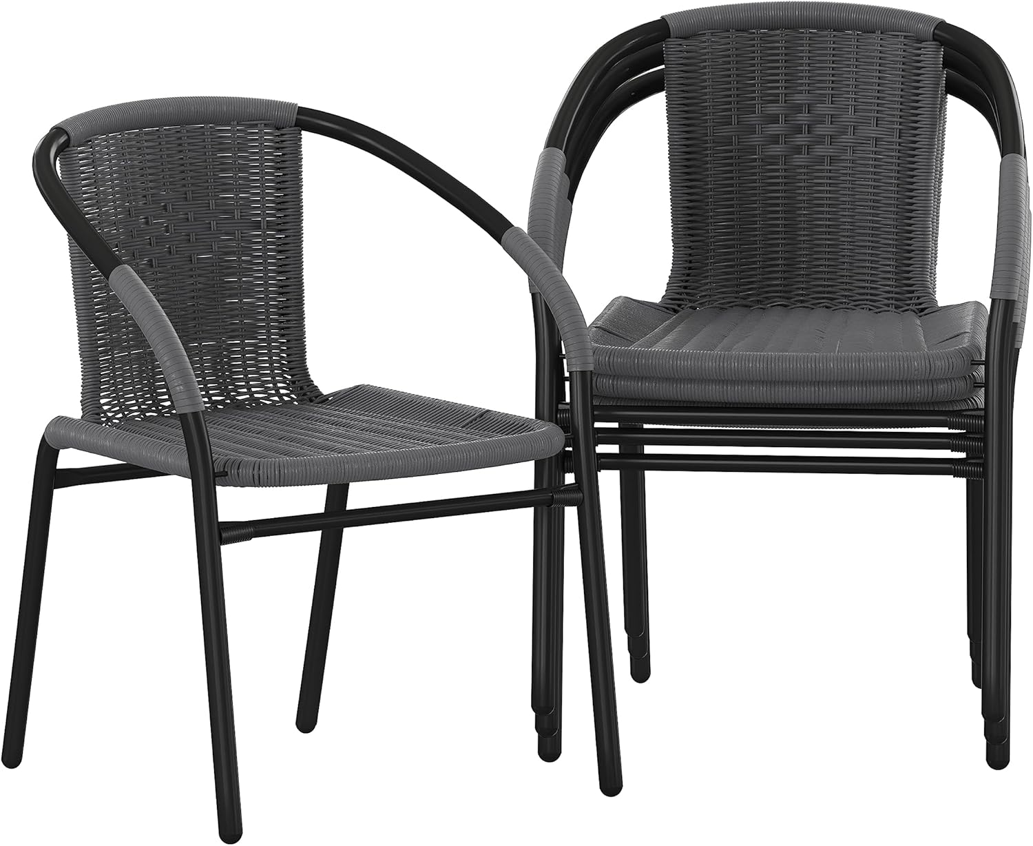 Flash Furniture Lila Modern Rattan Indoor/Outdoor Stackable Dining Chairs, Stacking Rattan Bistro Chairs for Patio or Restaurant, Set of 4, Black