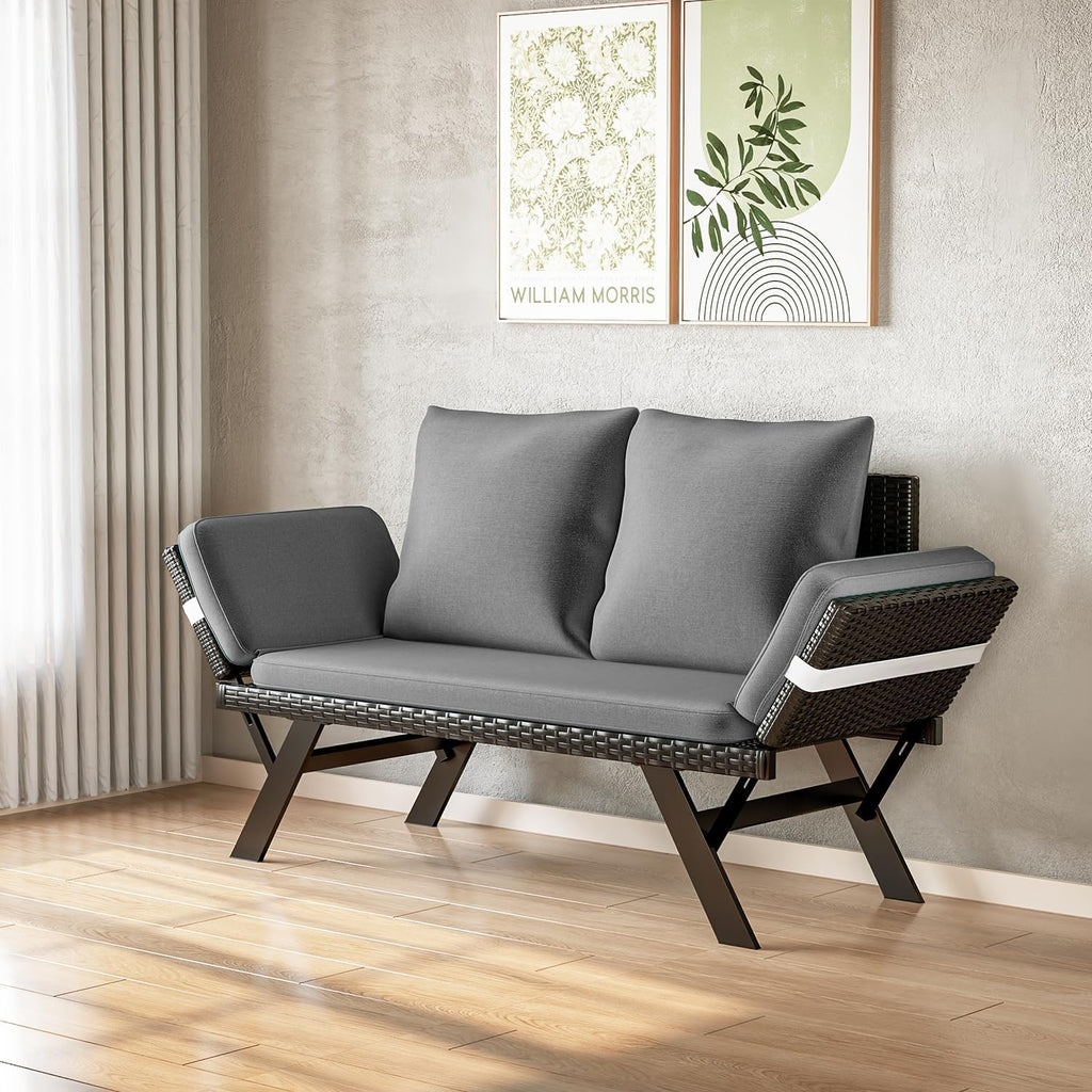 TAVATA Outdoor Convertible Sofa, PE Woven Rattan Patio Loveseat with Adjustable Armrests & Removable Cushions, Outdoor Daybed or Balcony Couch with 2 Pillows for Patio, Porch, Poolside (Grey)