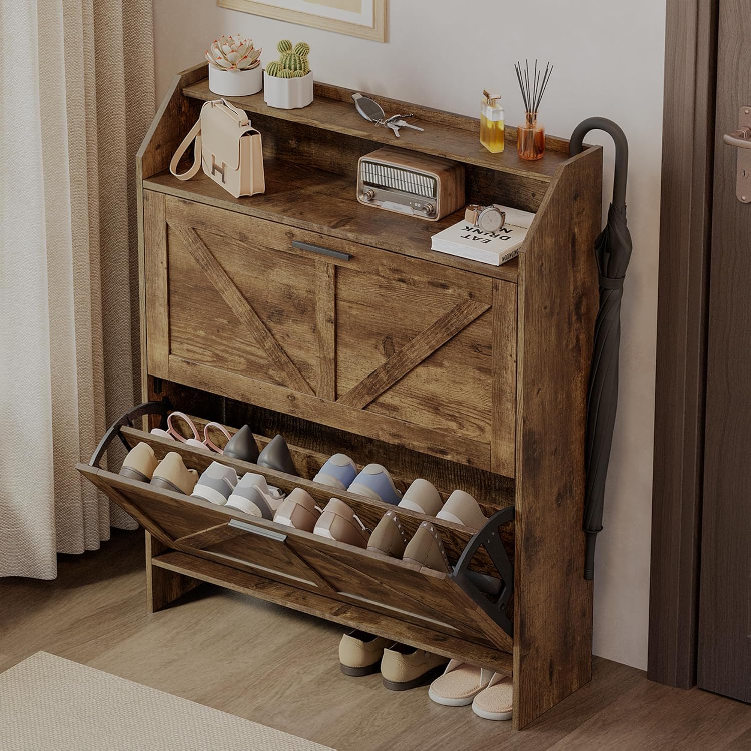 Mericonia Farmhouse Shoe Cabinet with Doors, Modern Large 5-Tier Shoe Storage Cabinet with Adjustable Shelves, Wooden Shoe Organizer for Entryway, Hallway, Closet, Bedroom, Living Room