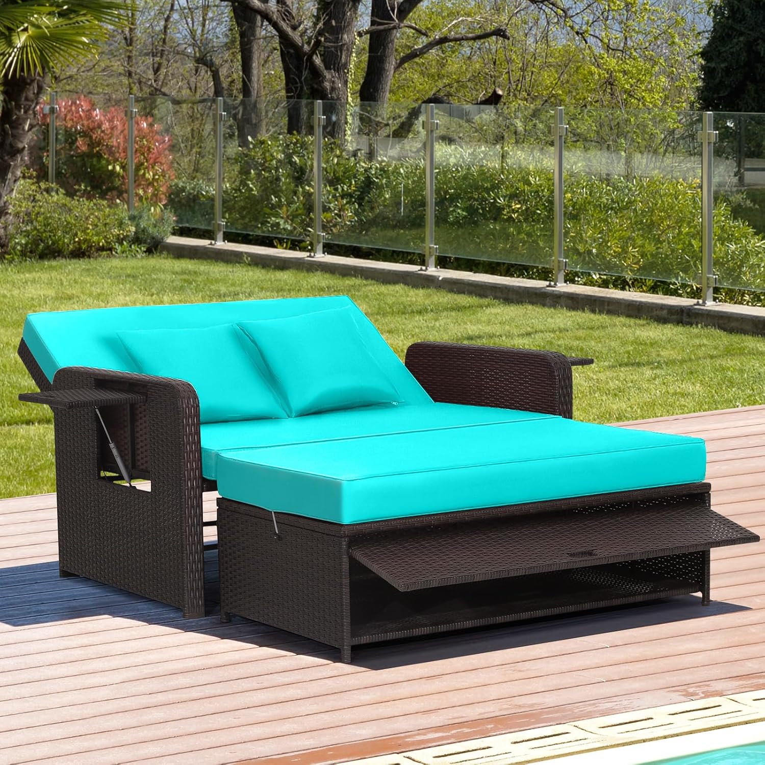 Tangkula Patio Rattan Daybed with 4-Level Adjustable Backrest, Outdoor PE Wicker Loveseat with Storage Ottoman & Folding Side Tray, Double Sunbed Lounger for Balcony, Backyard & Poolside, Turquoise