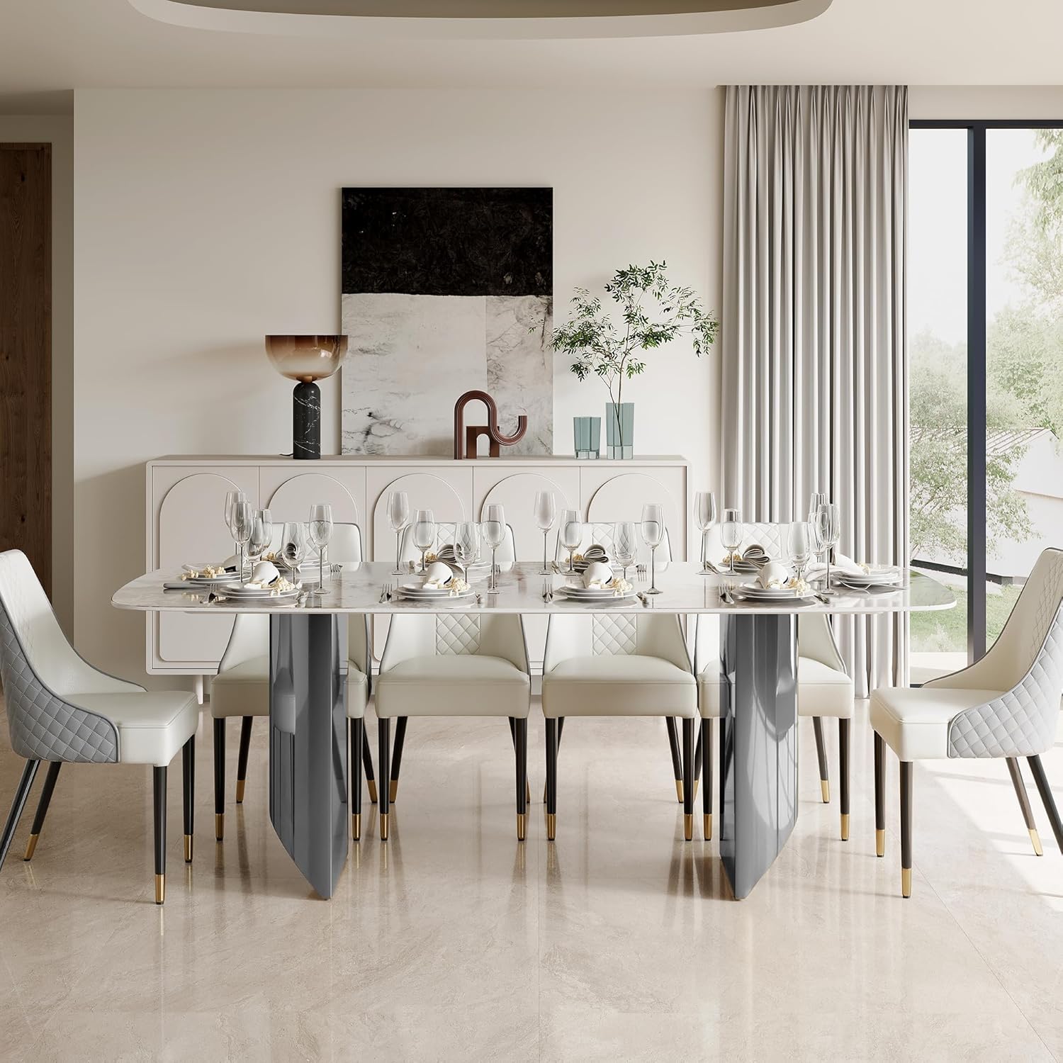 Rectangular Dining Table for 8-10 People, 79 inch Luxury Kitchen Table with Sintered Stone Tabletop and Gold Metal Base, Modern Dining Room Table for Kitchen Living Room (Table Only)