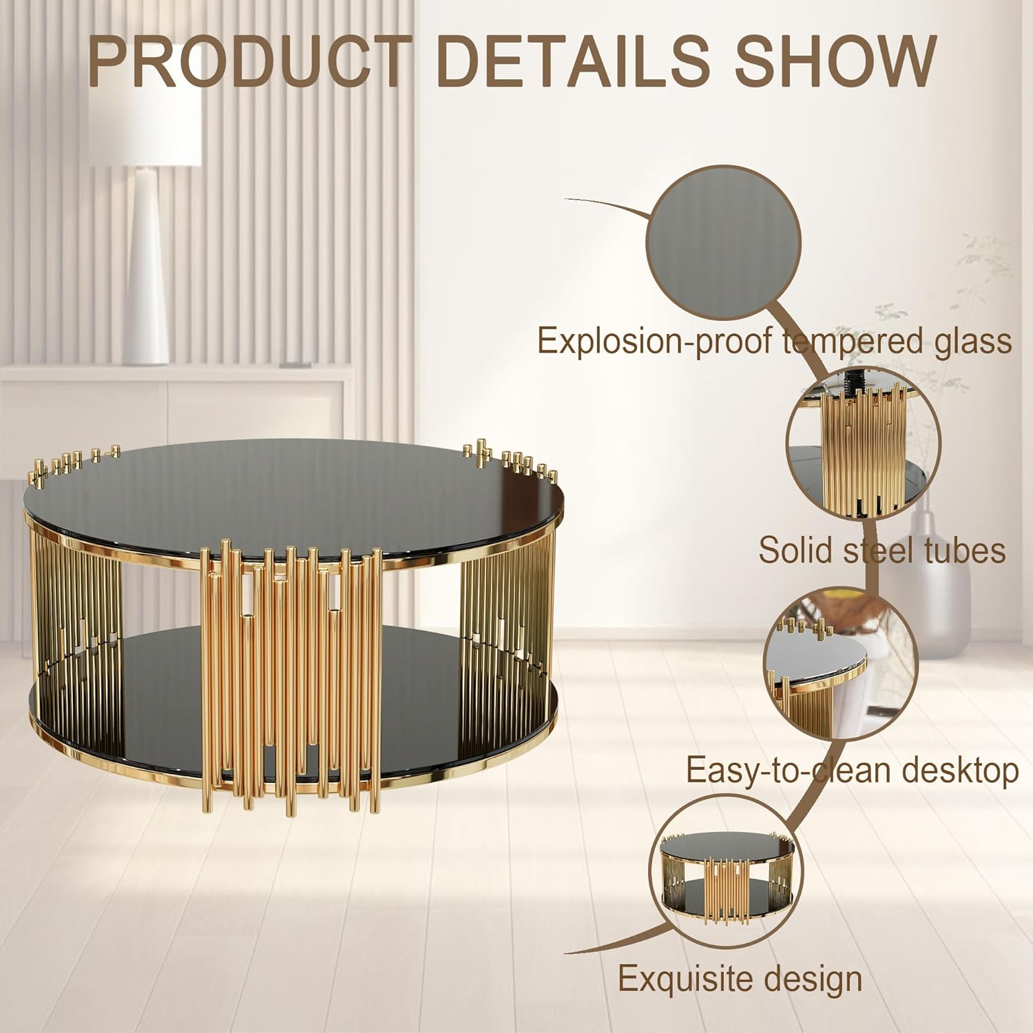 Modern Round Coffee Table, Luxury Black Gold Glass Coffee Table, 36" Center Table Living Room Table, Gold Stainless Steel Irregular Leg, Double-Layer Structure, Black Glass Desktop