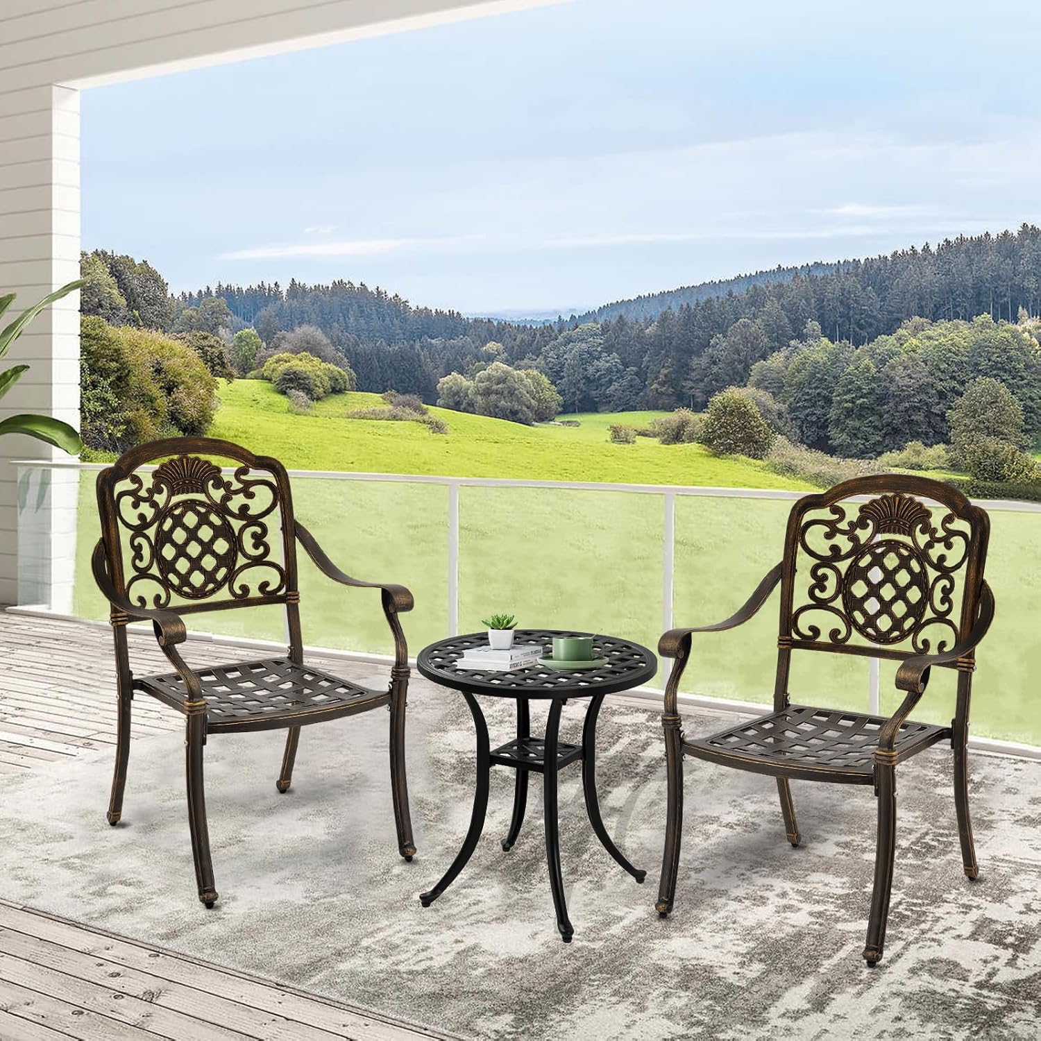 Set of 2 Cast Aluminum Patio Dining Chairs, Outdoor Bistro Stackable Chairs with Armrest, Patio Chair with Adjustable Feet, for Balcony, Backyard, Garden (Bronze, Without Cushion)