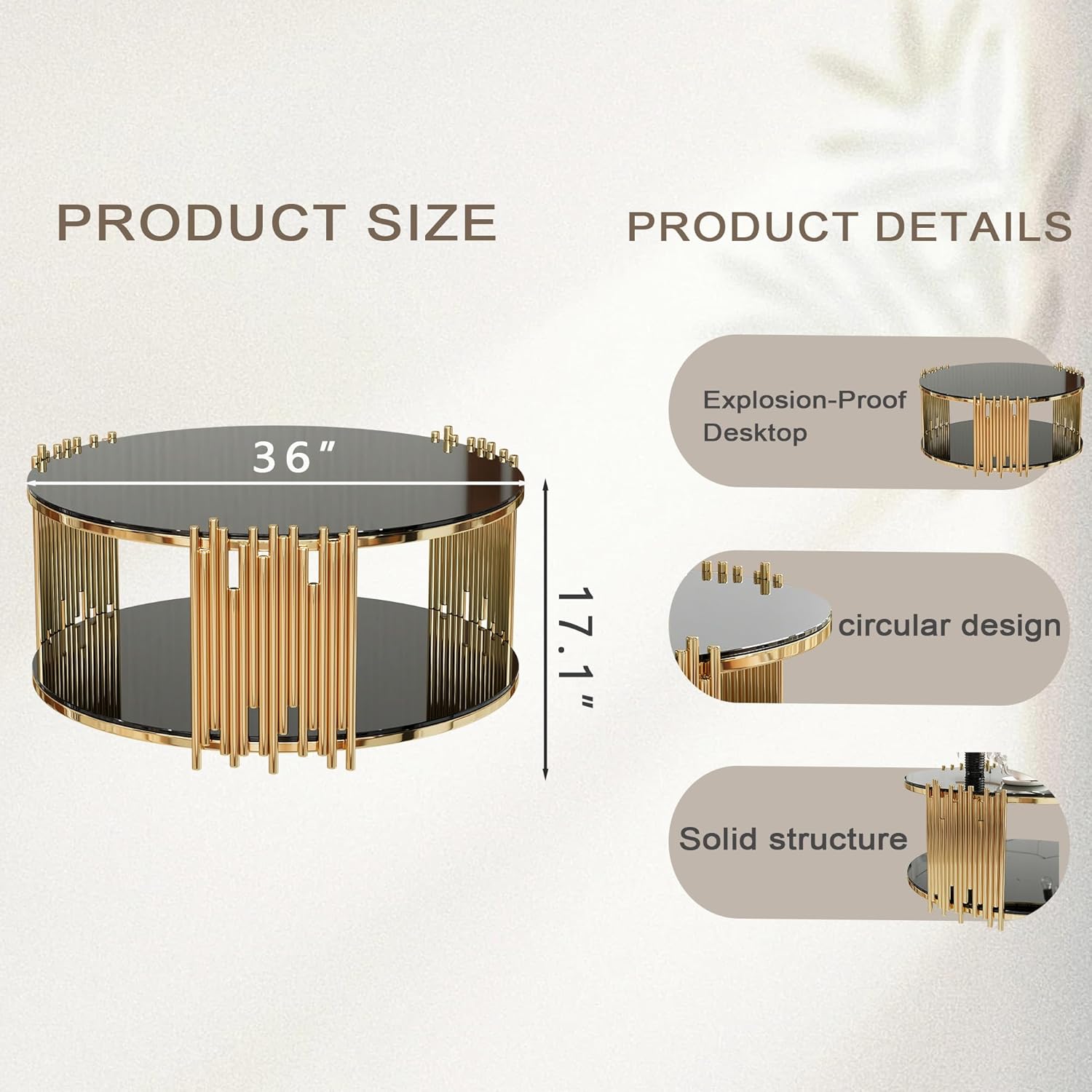 Modern Round Coffee Table, Luxury Black Gold Glass Coffee Table, 36" Center Table Living Room Table, Gold Stainless Steel Irregular Leg, Double-Layer Structure, Black Glass Desktop