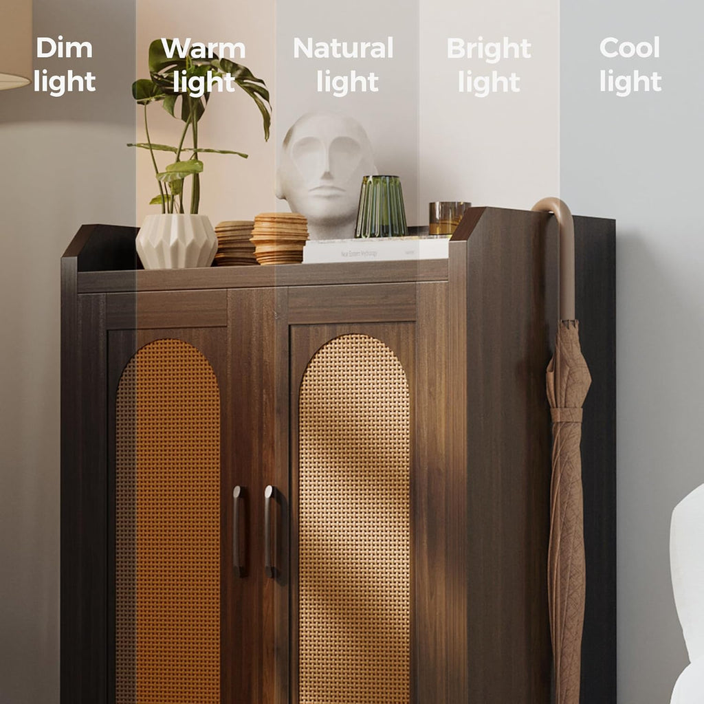 Mericonia Shoe Cabinet Storage for Entryway, Natural Rattan Storage Cabinet, Wooden Shoe Rack, Farmhouse Boho Wood Shoe Organizer Cabinet for Hallway Walnut