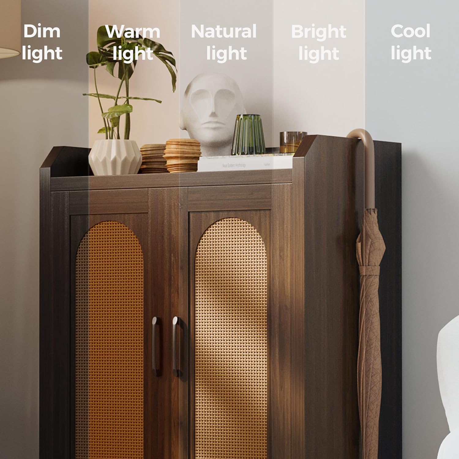 Mericonia Shoe Cabinet Storage for Entryway, Natural Rattan Storage Cabinet, Wooden Shoe Rack, Farmhouse Boho Wood Shoe Organizer Cabinet for Hallway Walnut