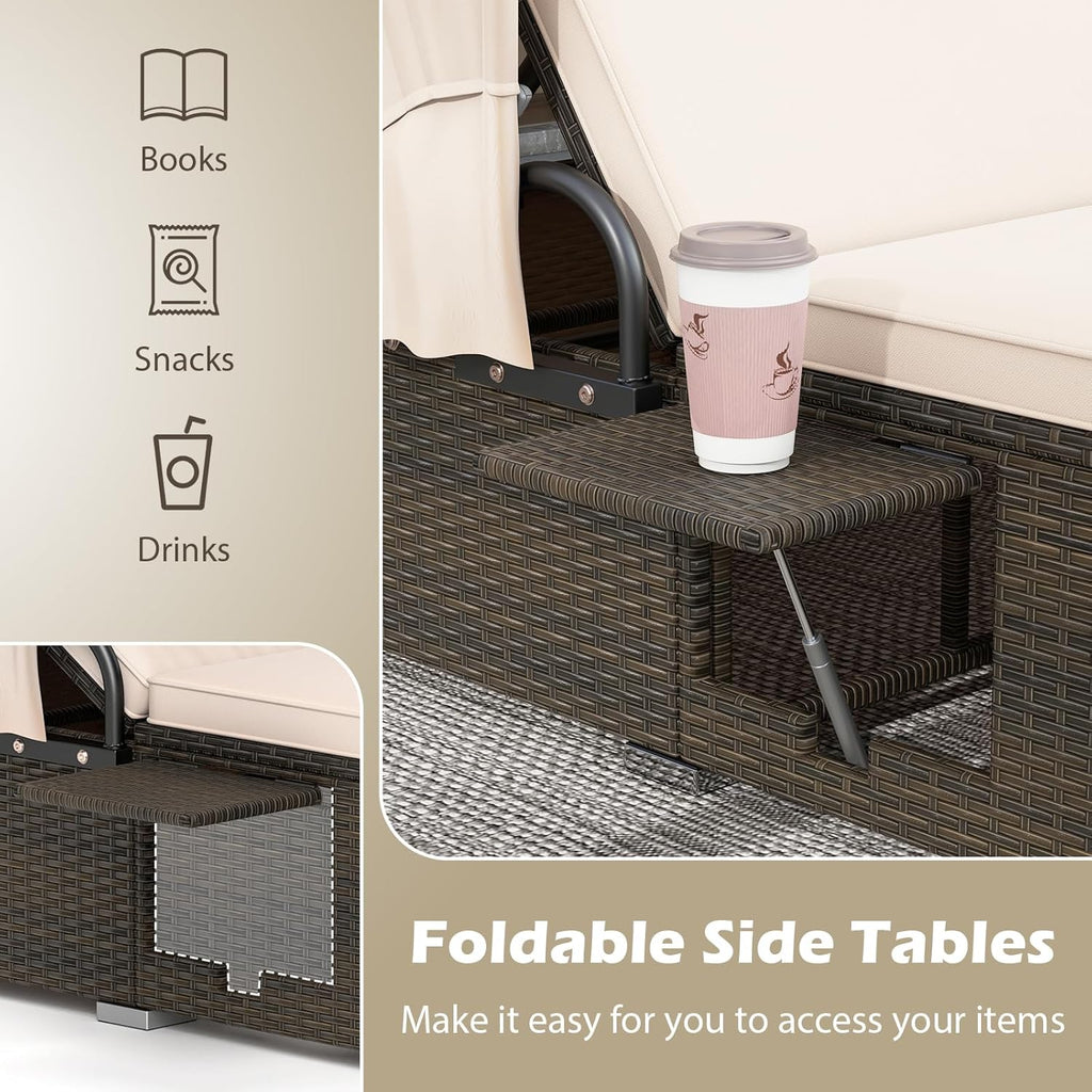 Outdoor Daybed with Canopy, PE Rattan Chaise Lounge with 6-Position Adjustable Backrests, Soft Cushions & Foldable Side Tables, 2-Person Lounge Bed for Outdoor, Backyard, Garden & Poolside