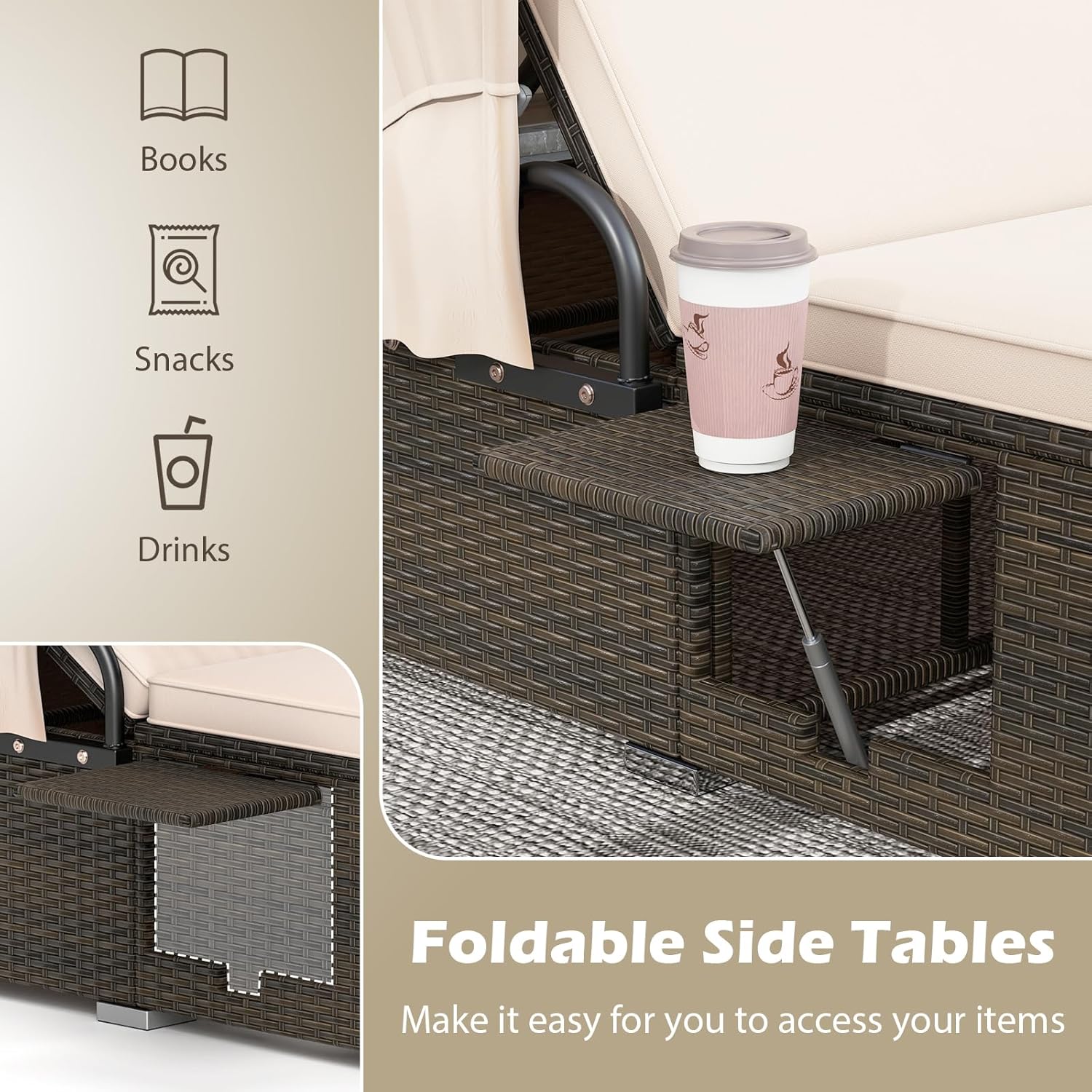 Outdoor Daybed with Canopy, PE Rattan Chaise Lounge with 6-Position Adjustable Backrests, Soft Cushions & Foldable Side Tables, 2-Person Lounge Bed for Outdoor, Backyard, Garden & Poolside